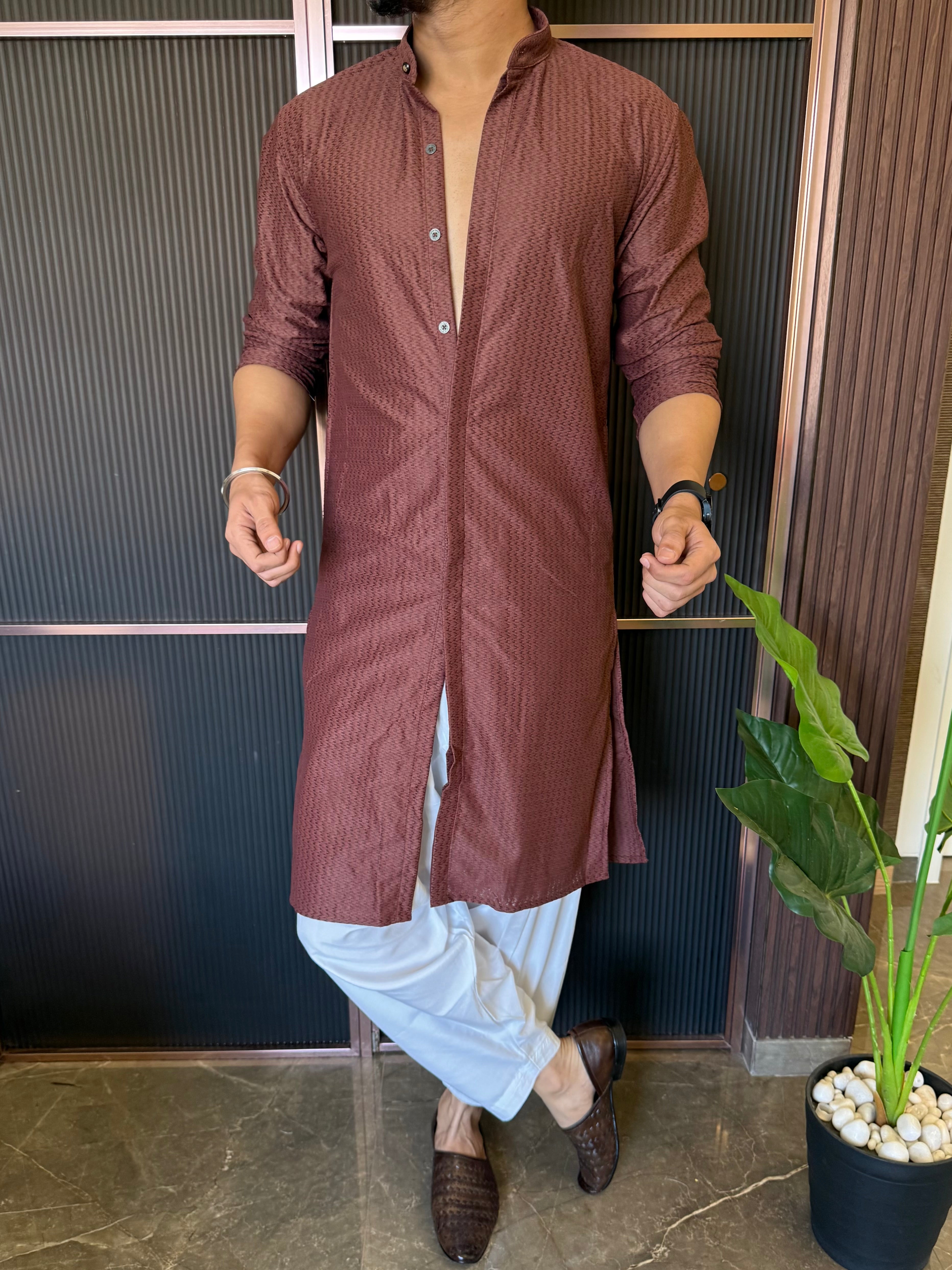 Imported Fabric Full Button Maroon Kurta
