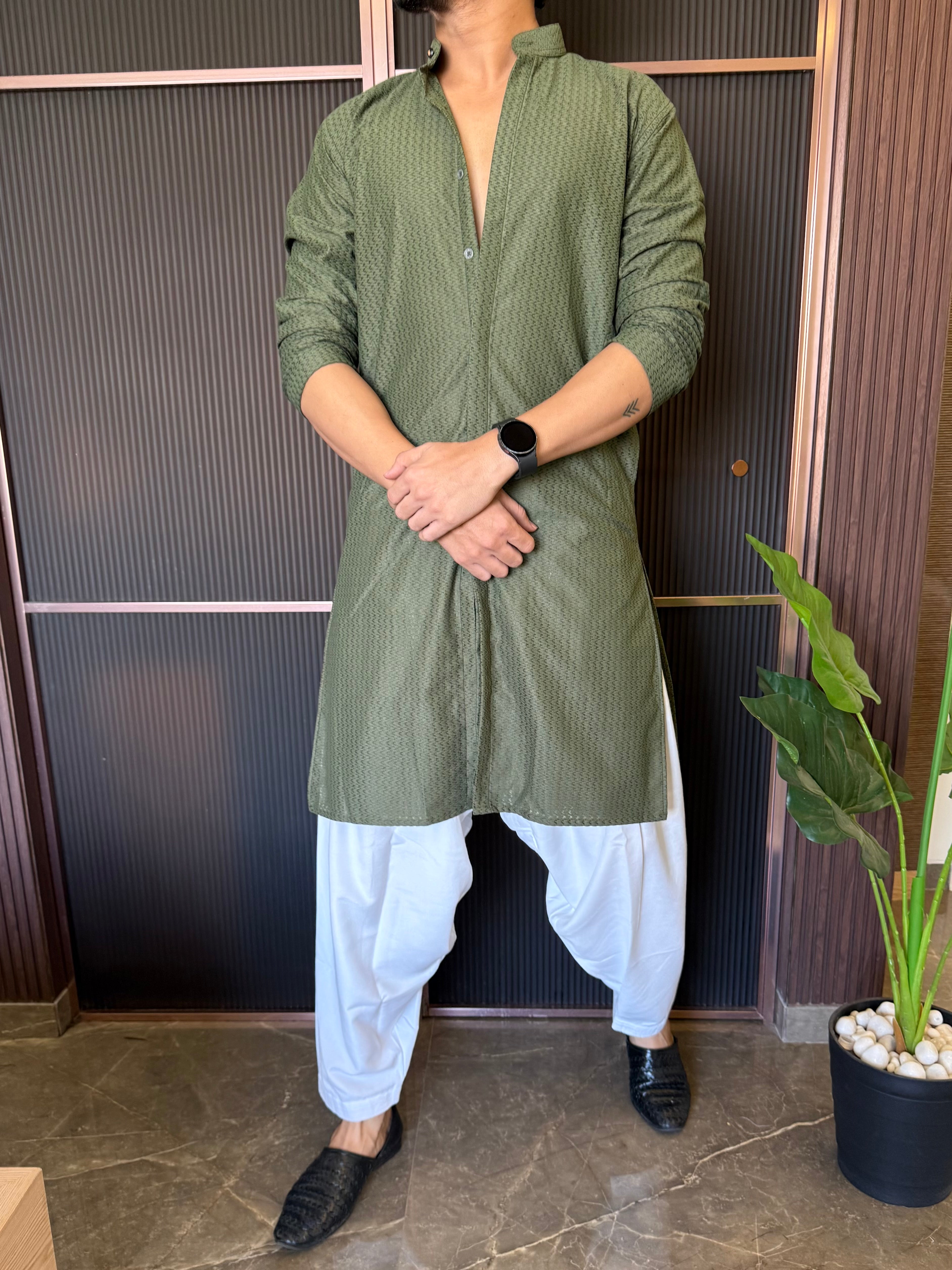 Imported Fabric Full Button Olive Kurta