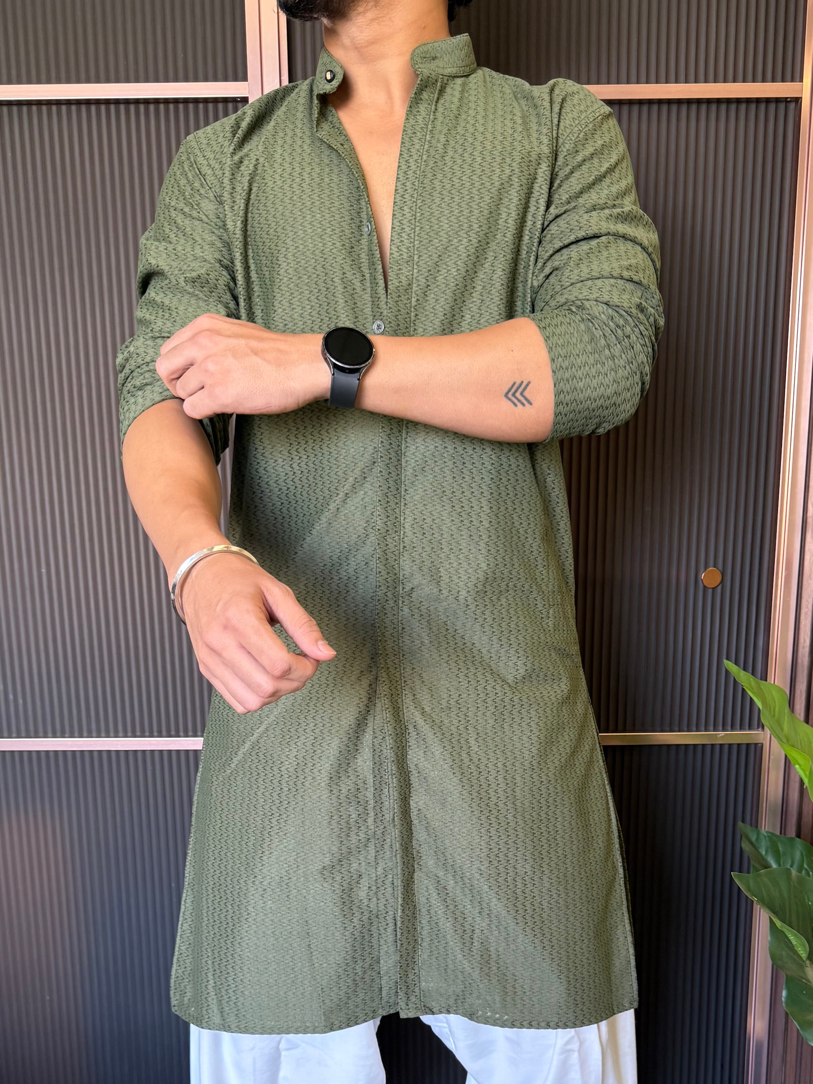 Imported Fabric Full Button Olive Kurta