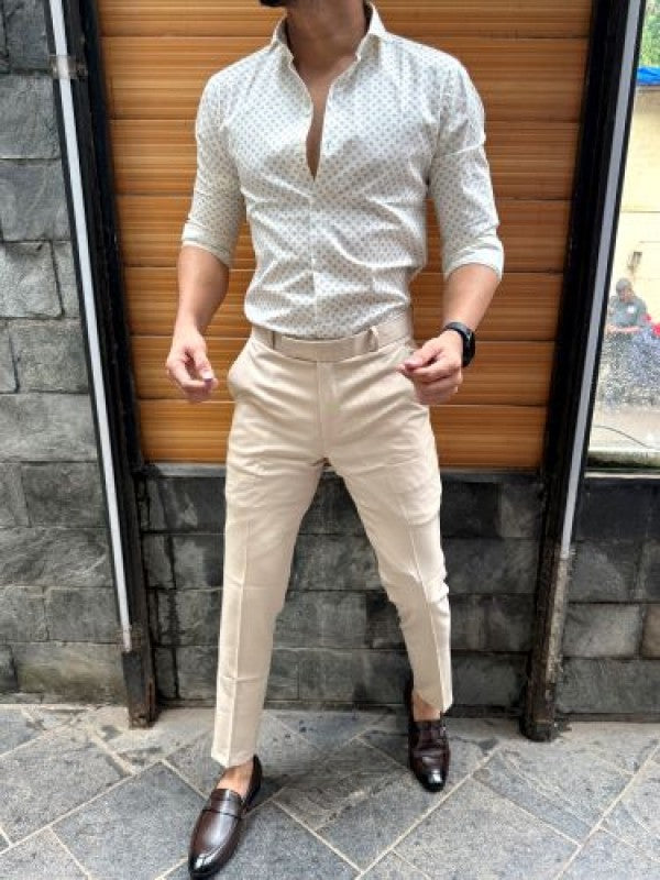 Printed Mini Squa0re Semi Formal Cream Stripe Shirt