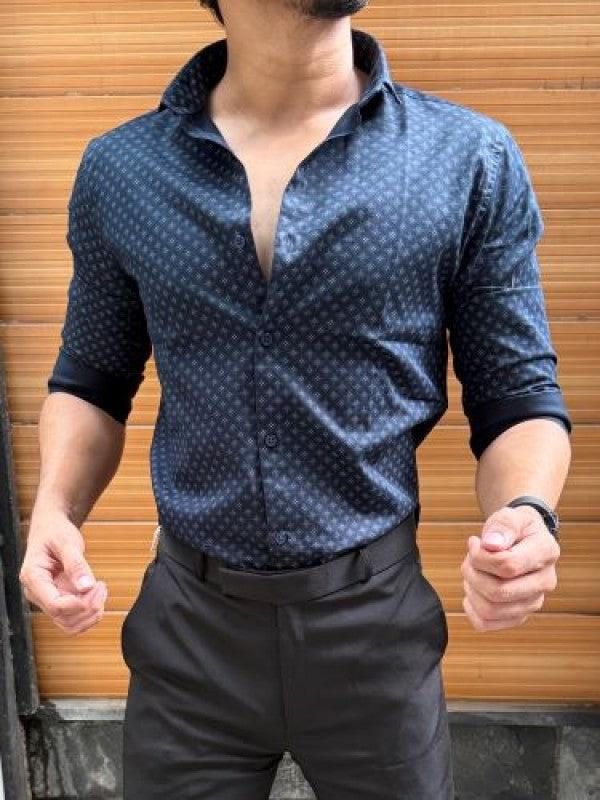 Printed Mini Square Semi Formal Navy Shirt
