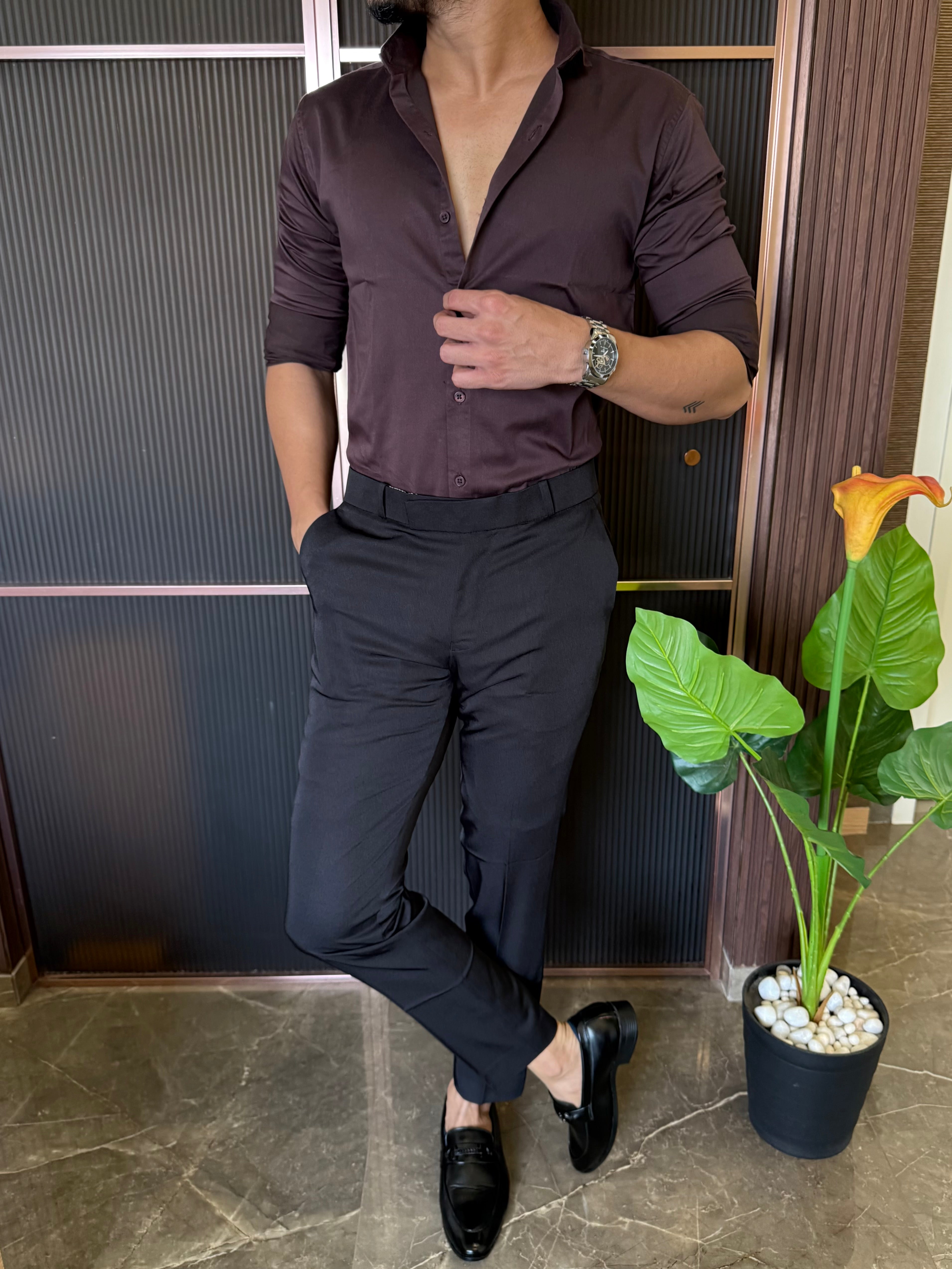 Cotton Lycra Brown Full Sleeves Shirt