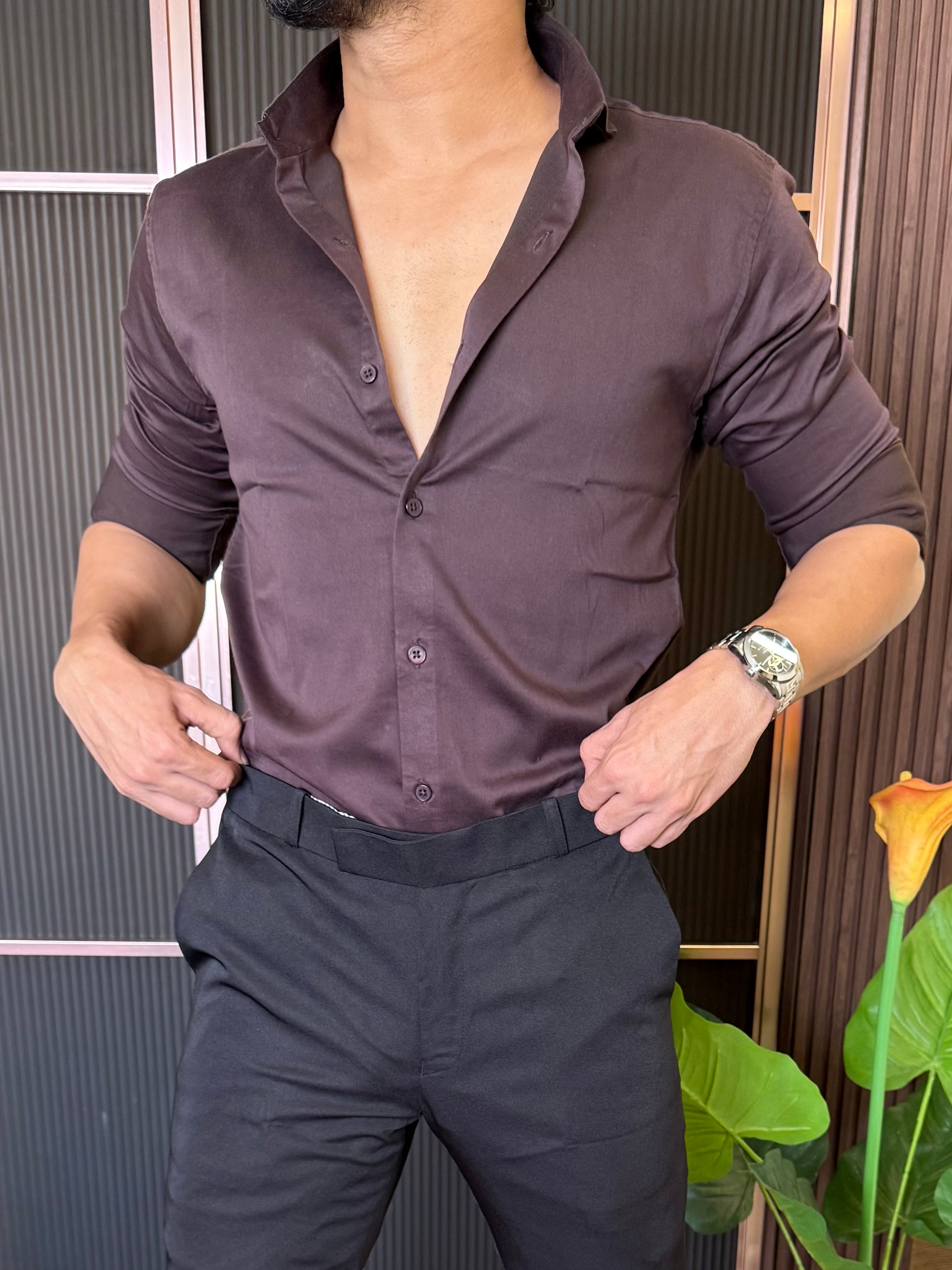 Cotton Lycra Brown Full Sleeves Shirt