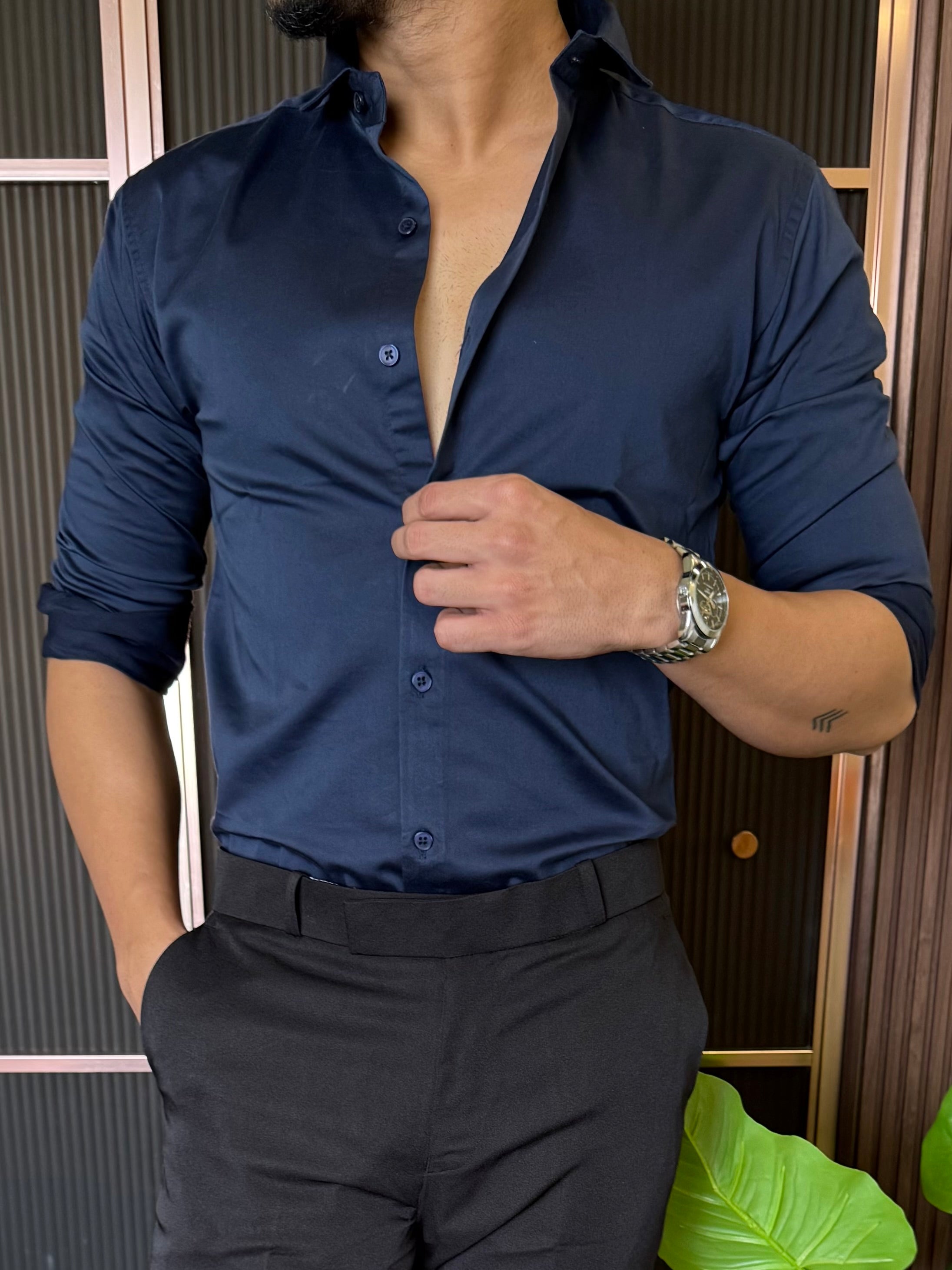 Cotton Lycra Navy Full Sleeves Shirt