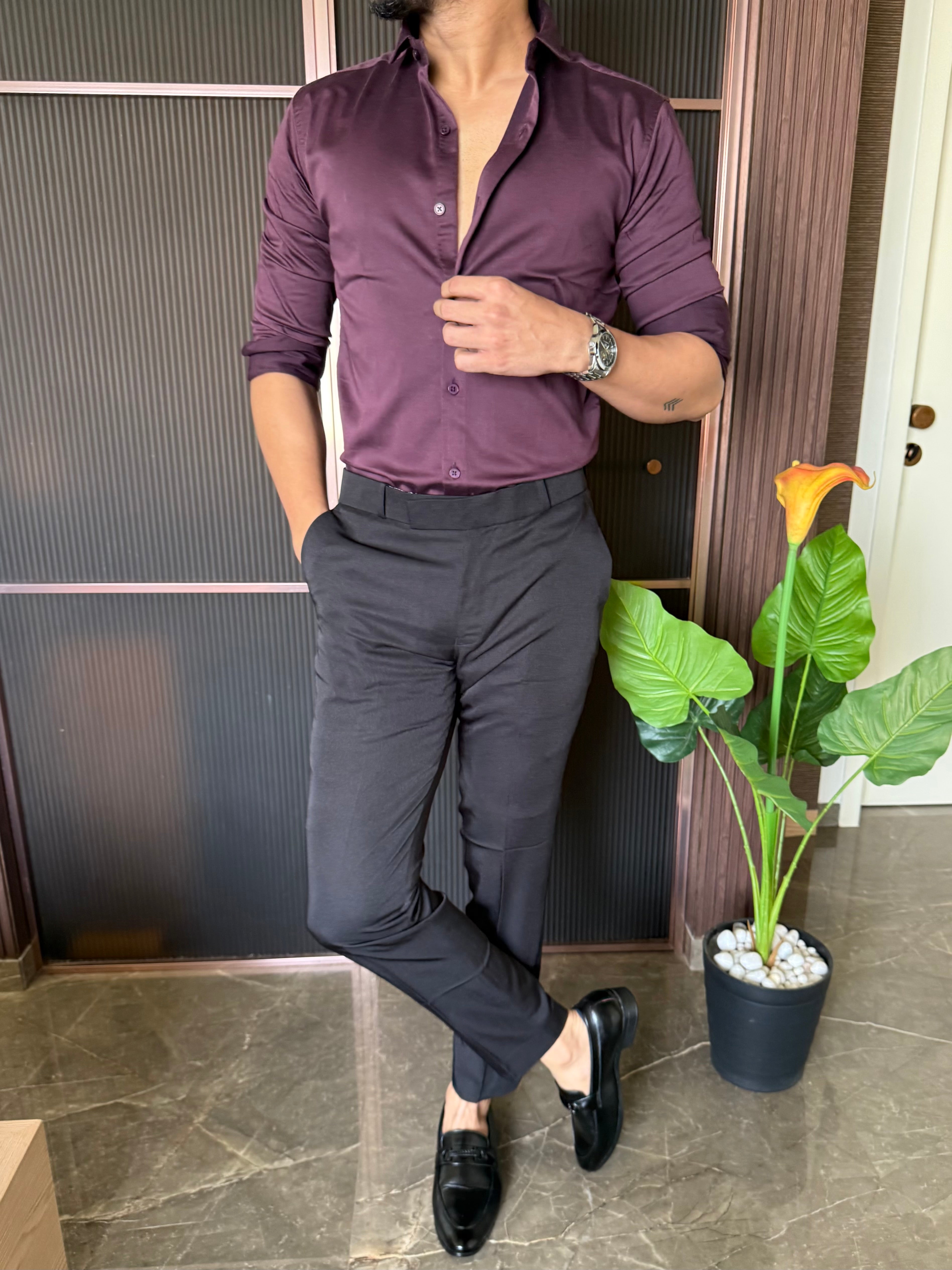 Cotton Lycra Wine Full Sleeves Shirt