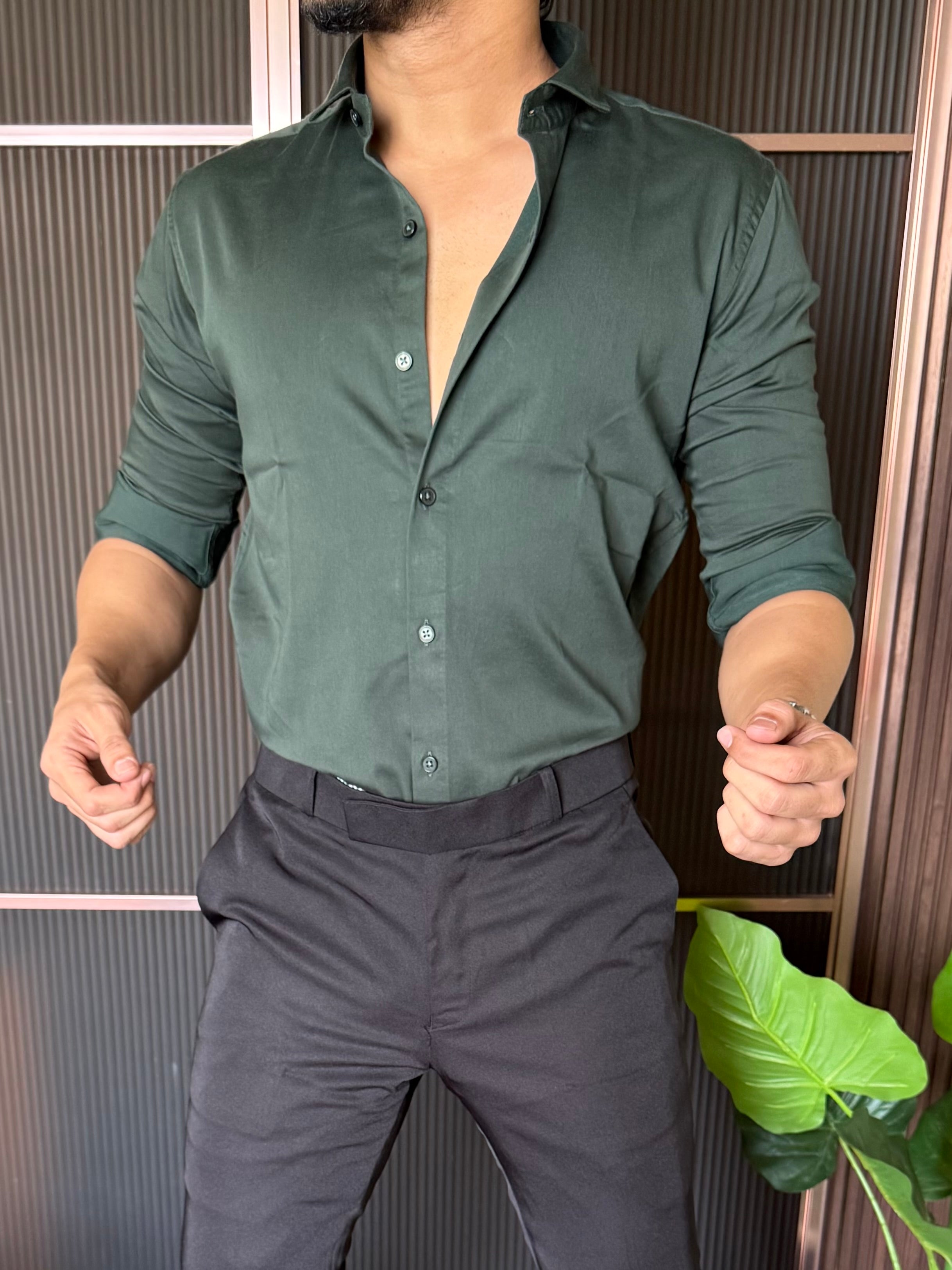 Cotton Lycra Bottle Green Full Sleeves Shirt