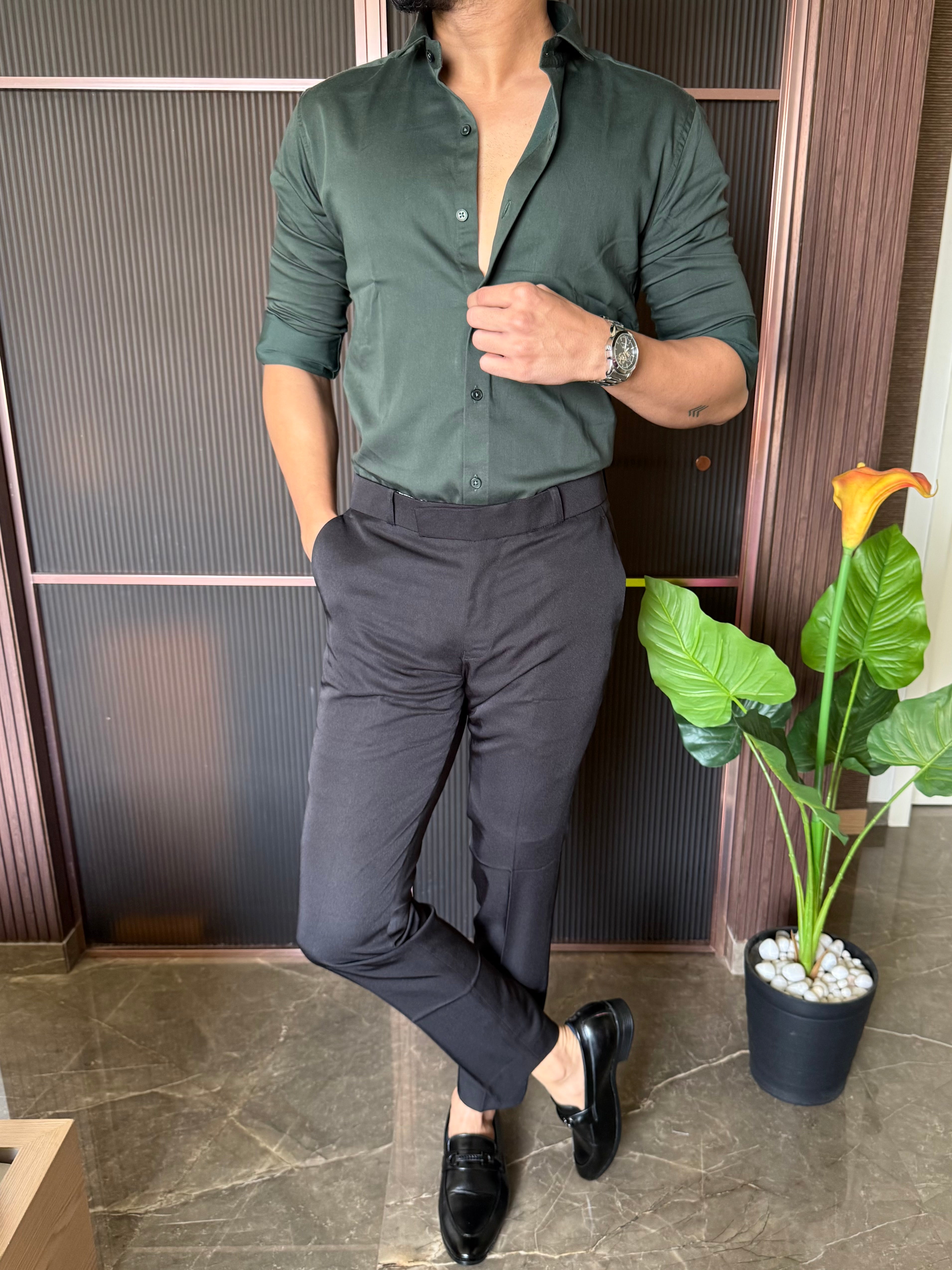 Cotton Lycra Bottle Green Full Sleeves Shirt