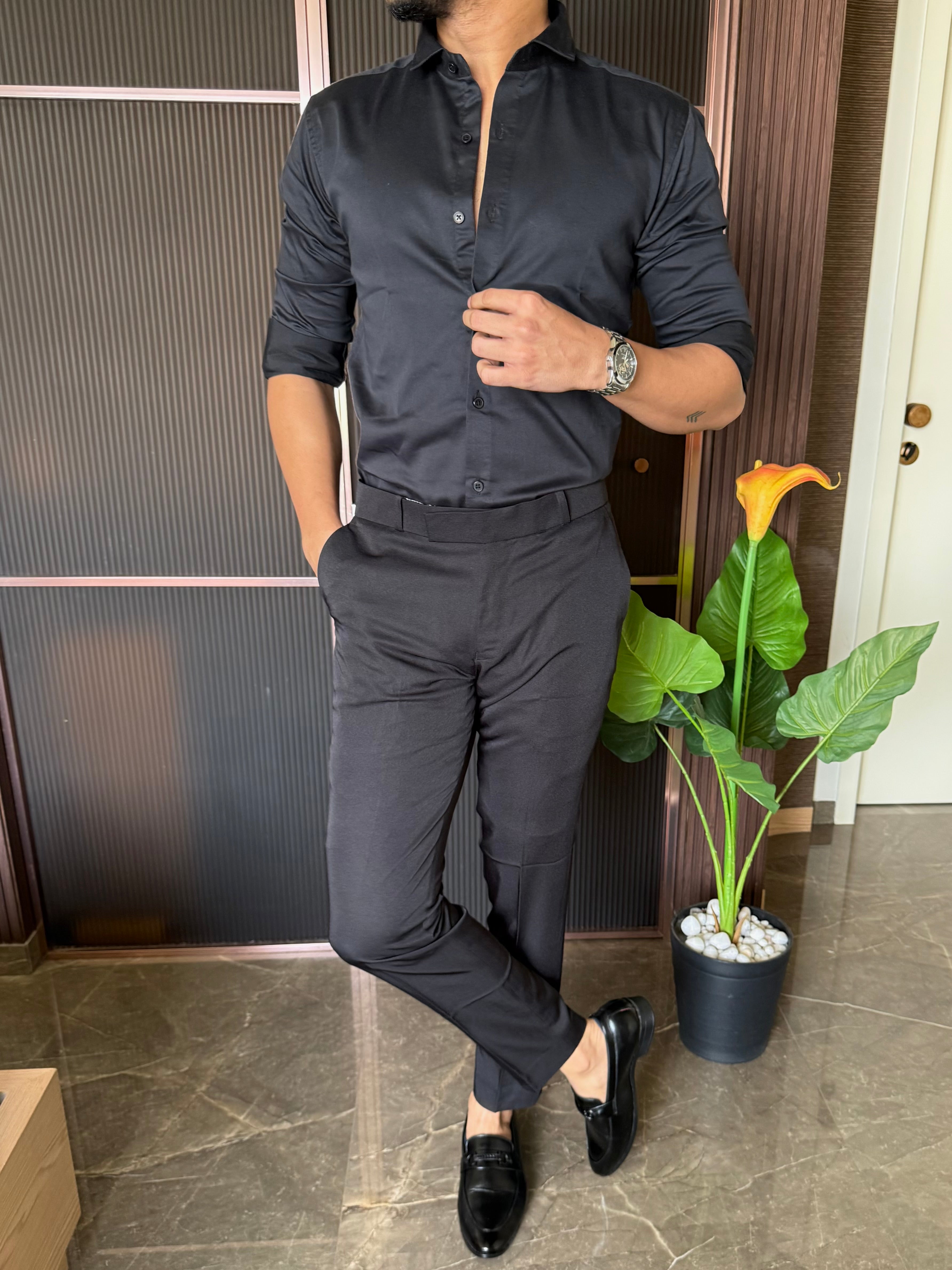 Cotton Lycra Black Full Sleeves Shirt