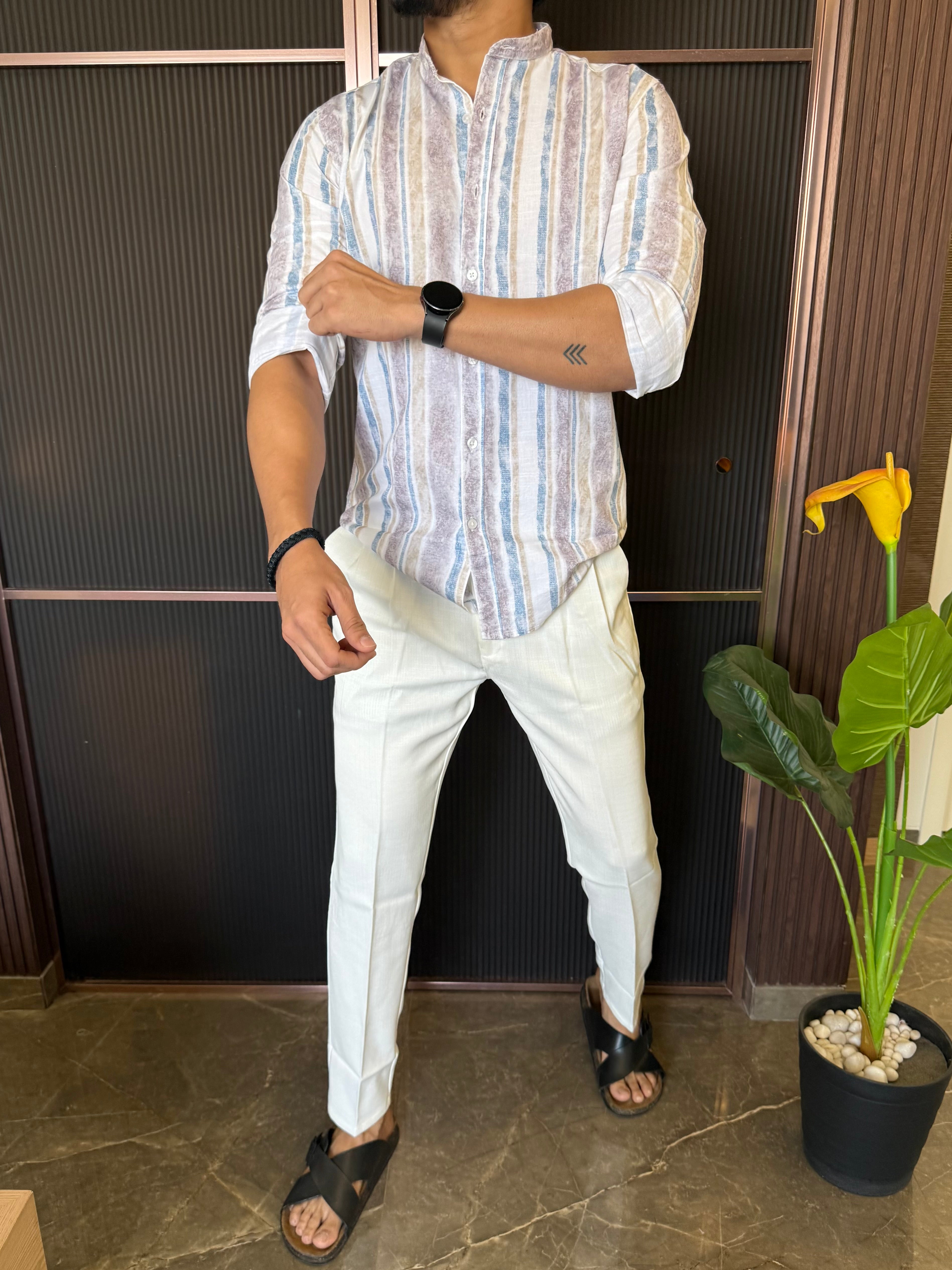 Mandarin Collar Blue Striper Full Sleeve Shirt