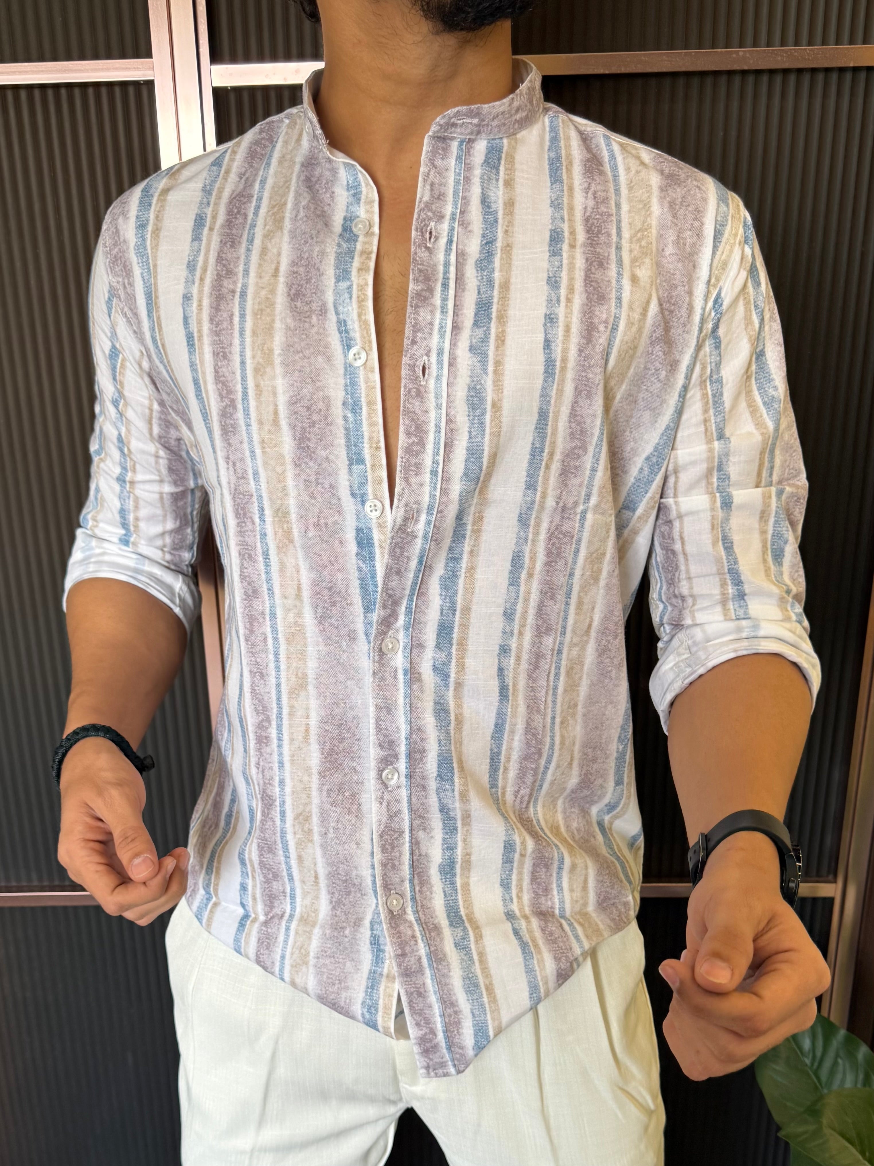 Mandarin Collar Blue Striper Full Sleeve Shirt