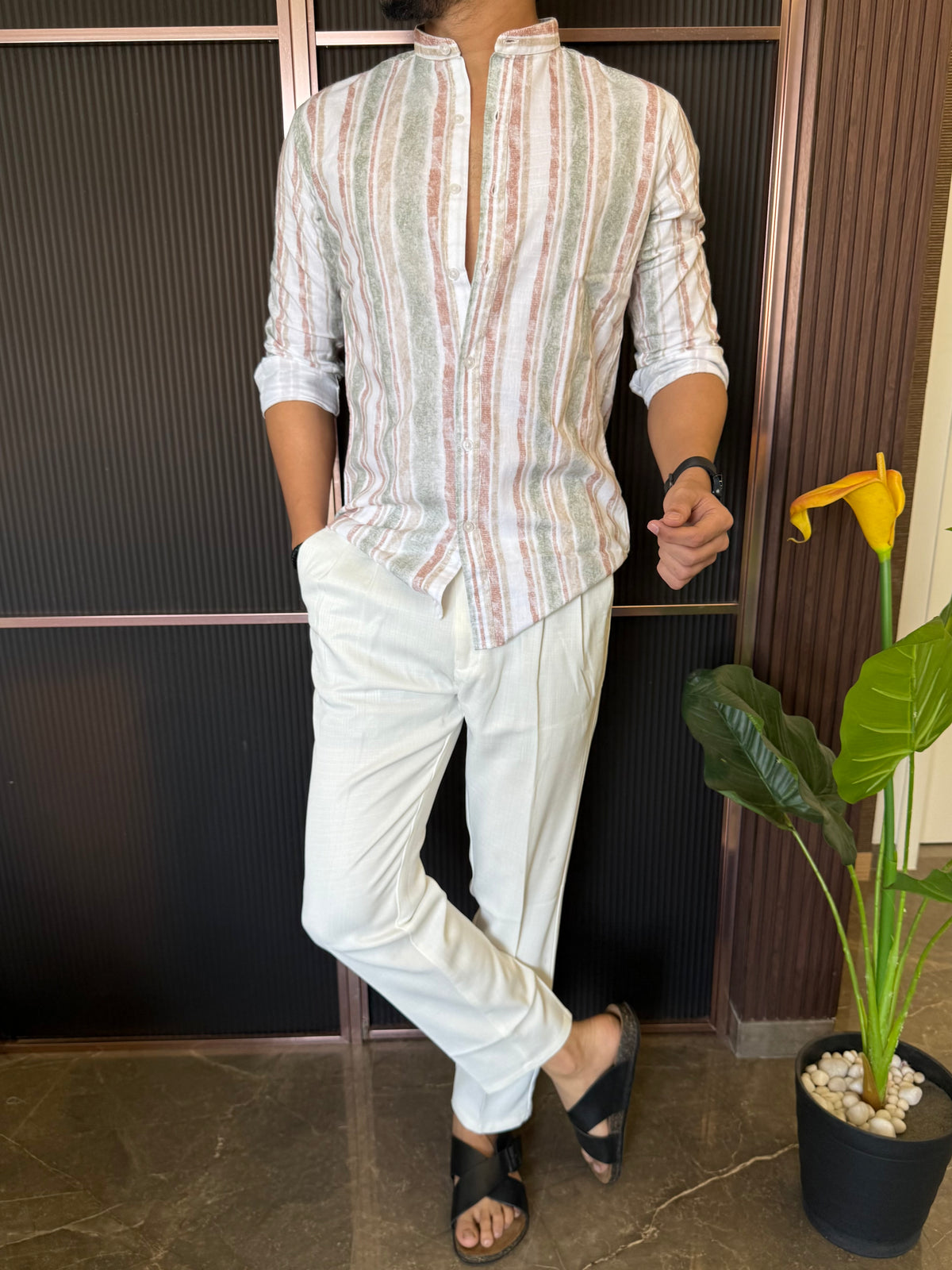 Mandarin Collar Green Striper Full Sleeve Shirt