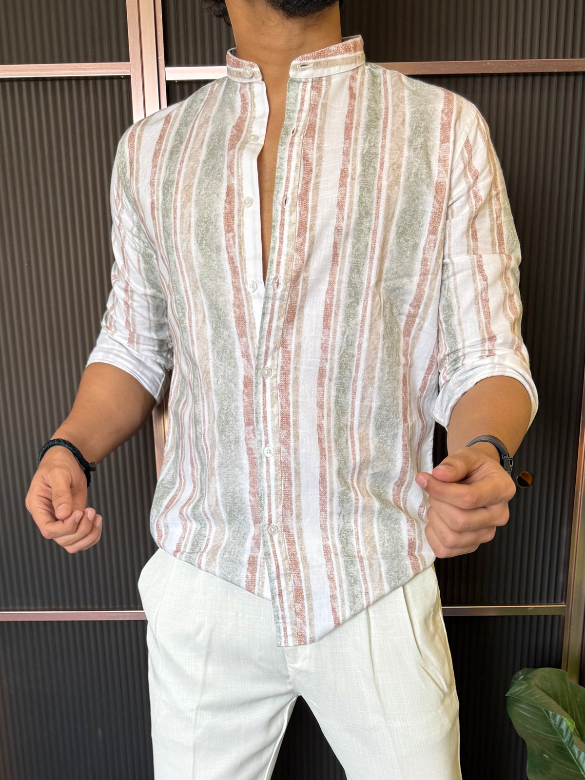 Mandarin Collar Green Striper Full Sleeve Shirt