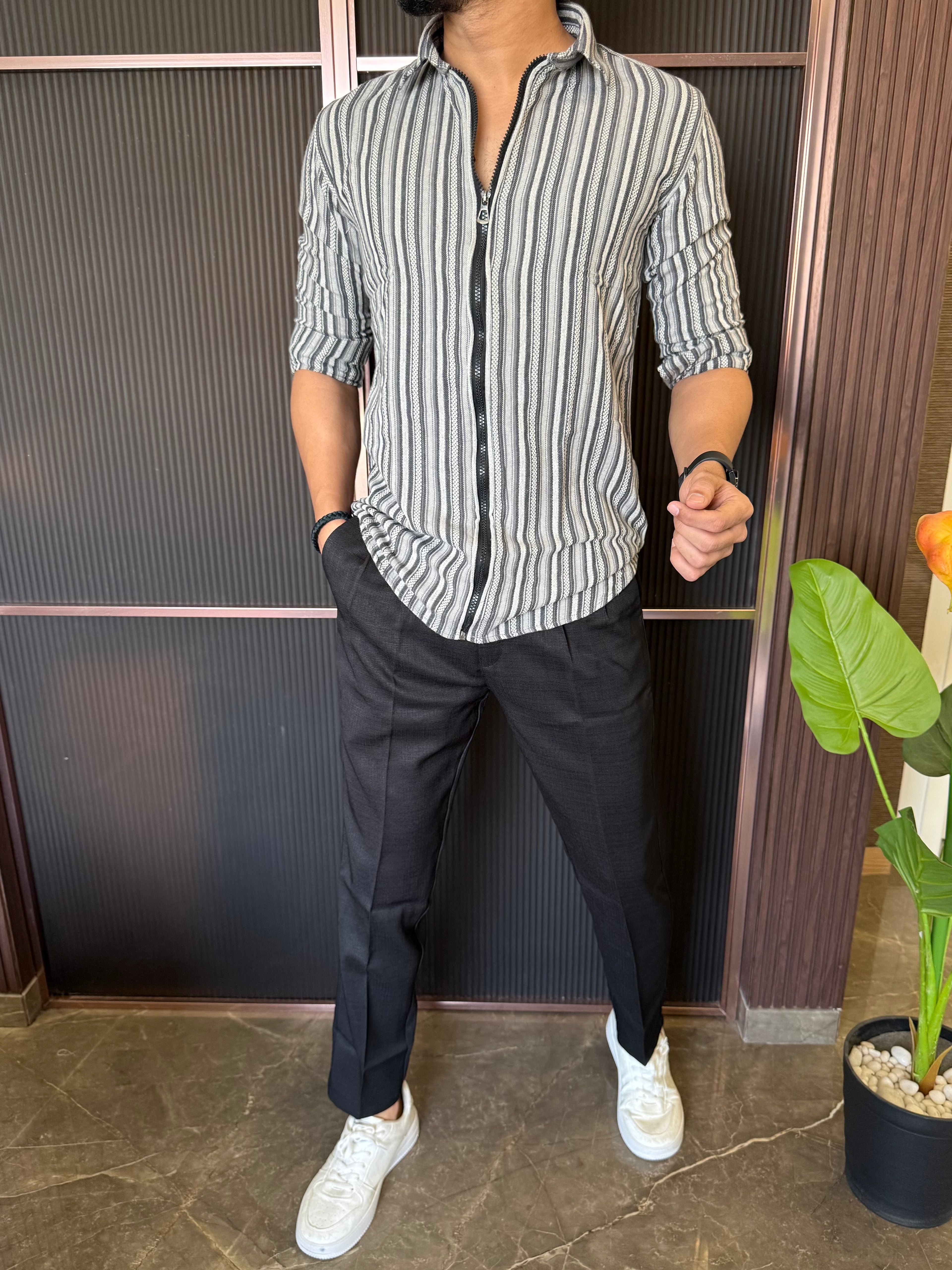 Zip Style Striper Grey Full Sleeve Shirt