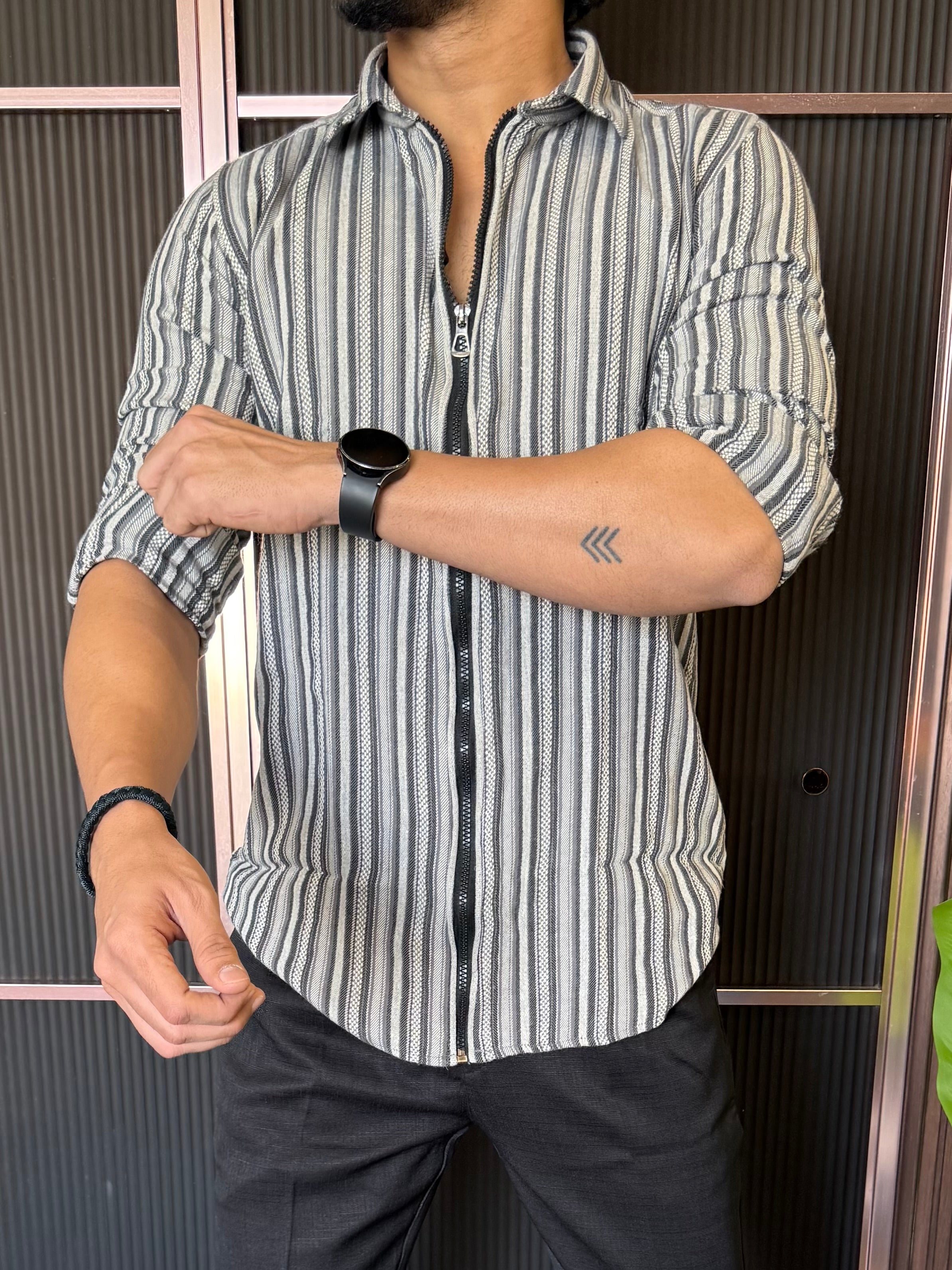 Zip Style Striper Grey Full Sleeve Shirt