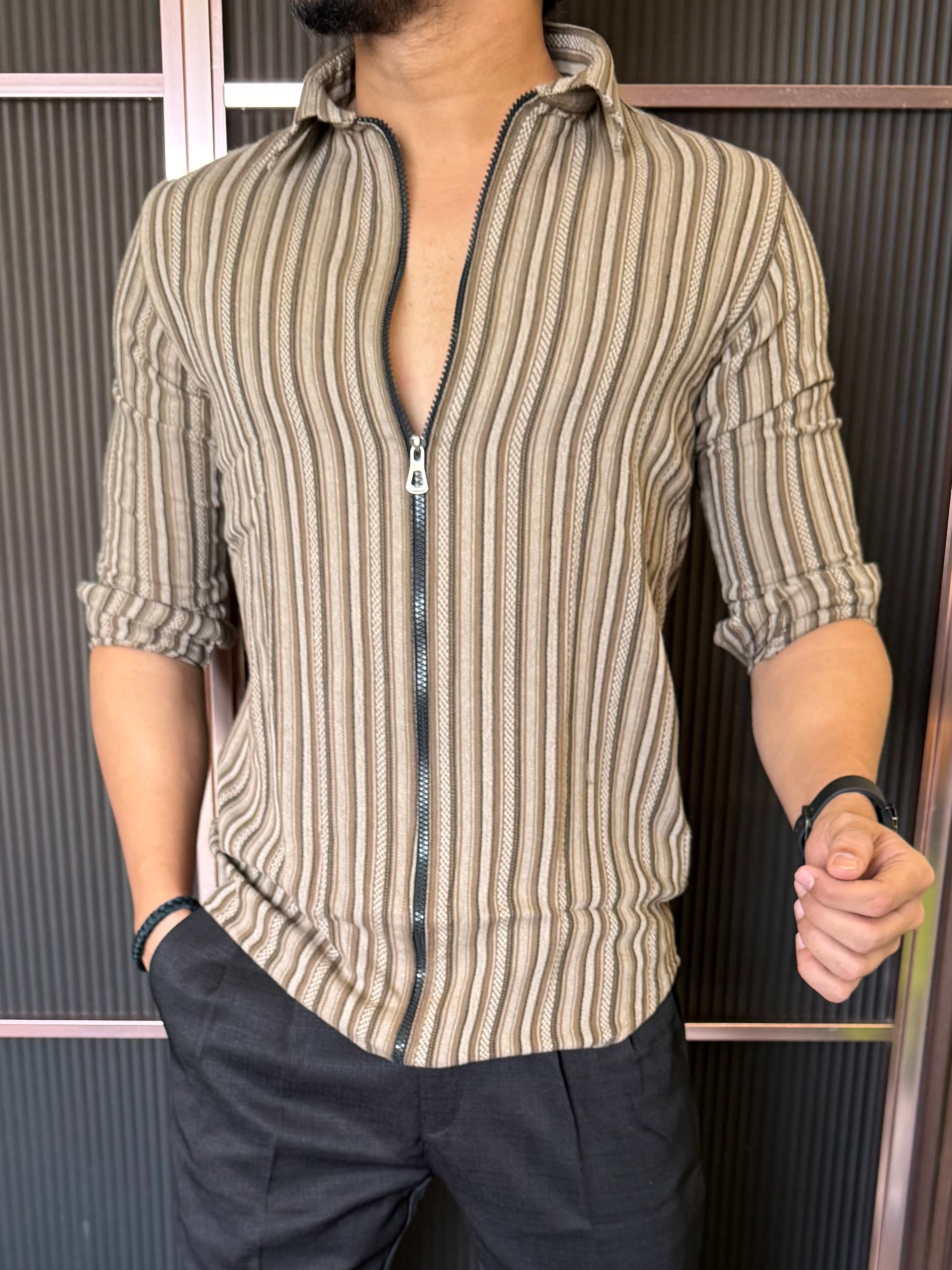 Zip Style Striper Brown  Full Sleeve Shirt
