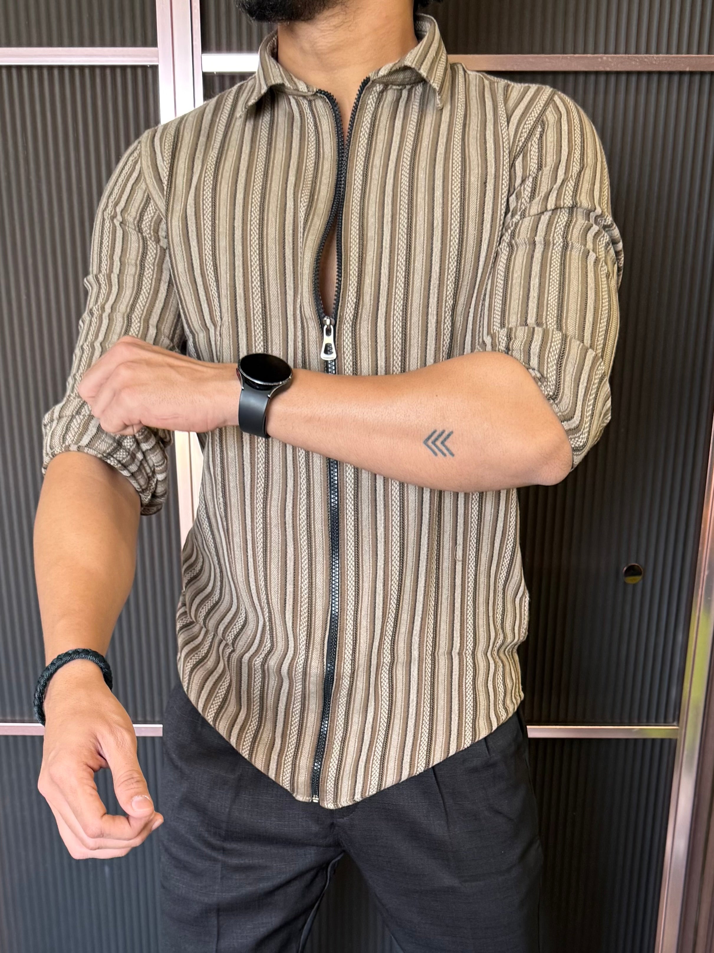 Zip Style Striper Brown  Full Sleeve Shirt