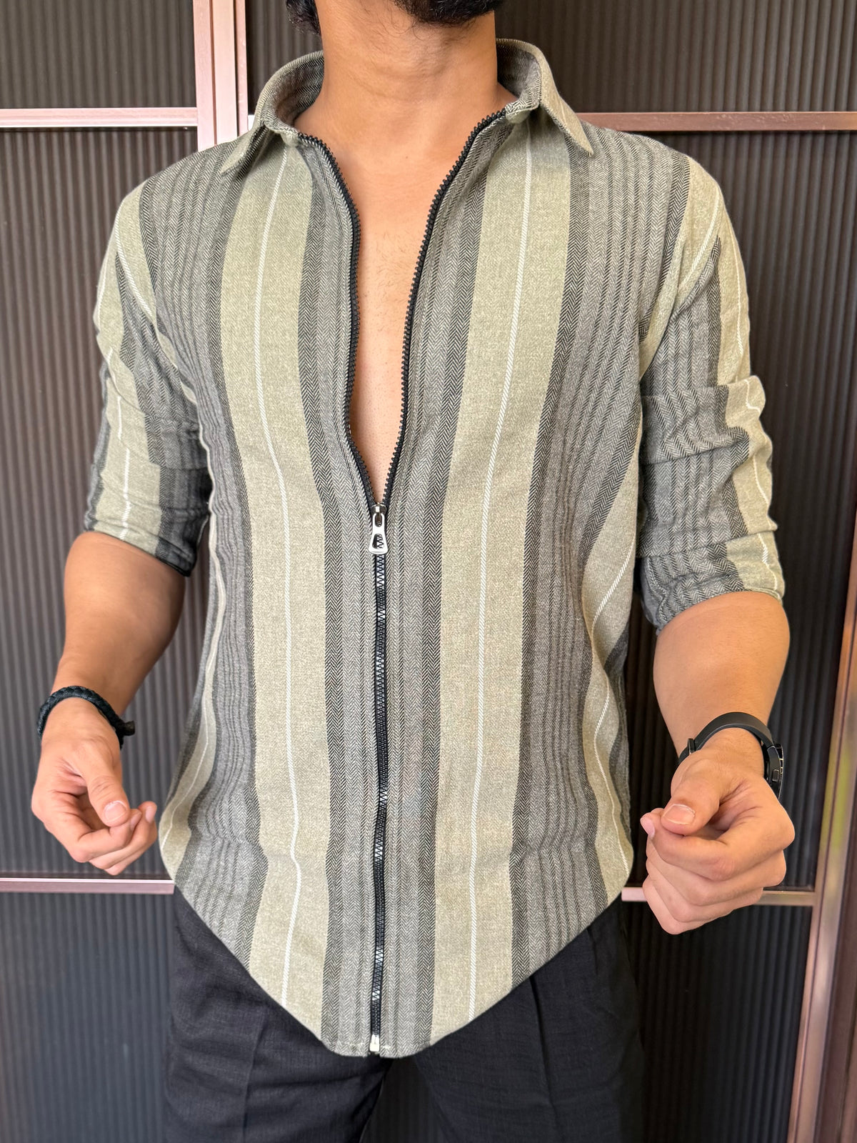 Zip Style Striper Olive Full Sleeve Shirt