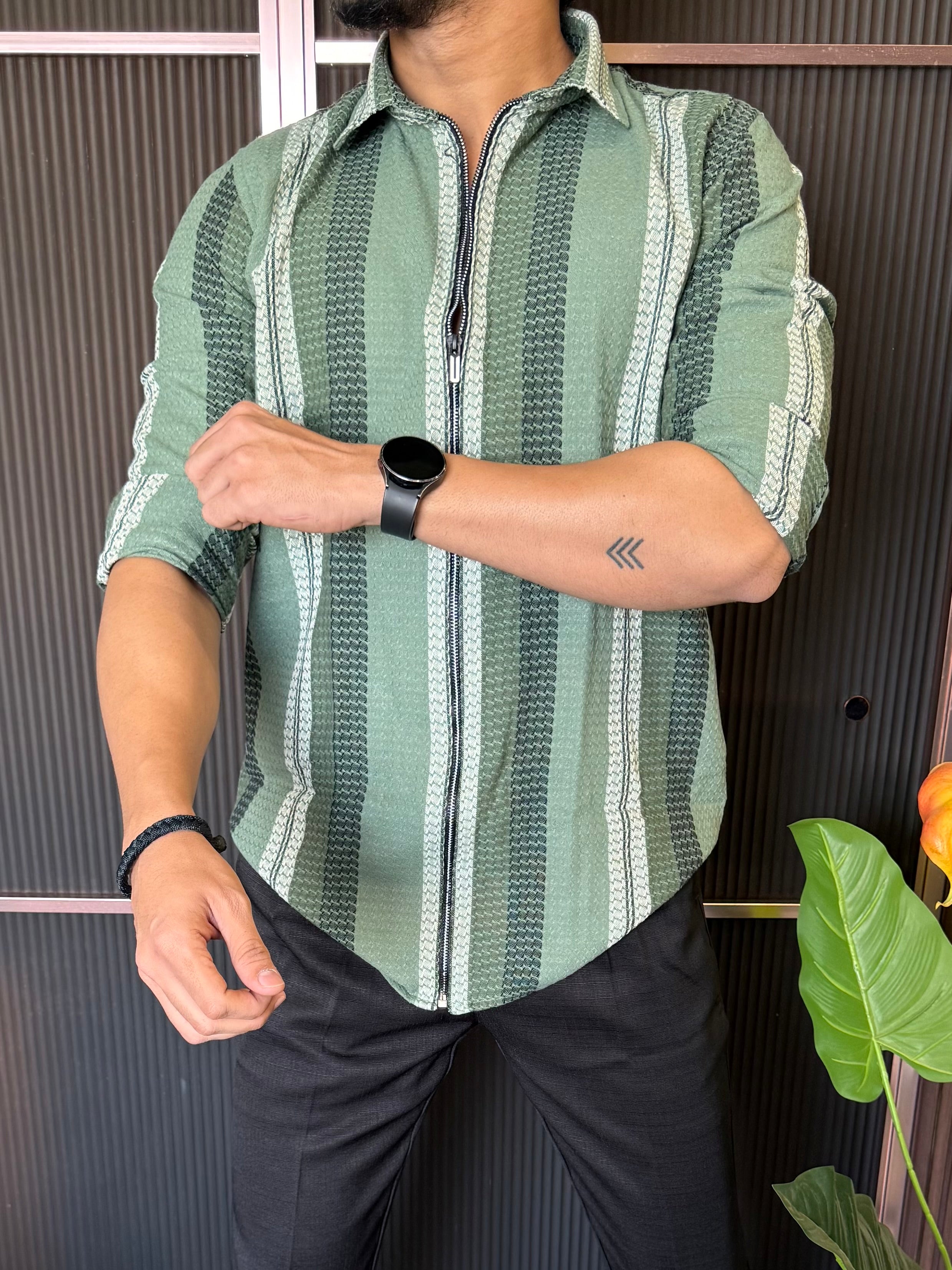 Zip Style Striper Green Full Sleeve Shirt