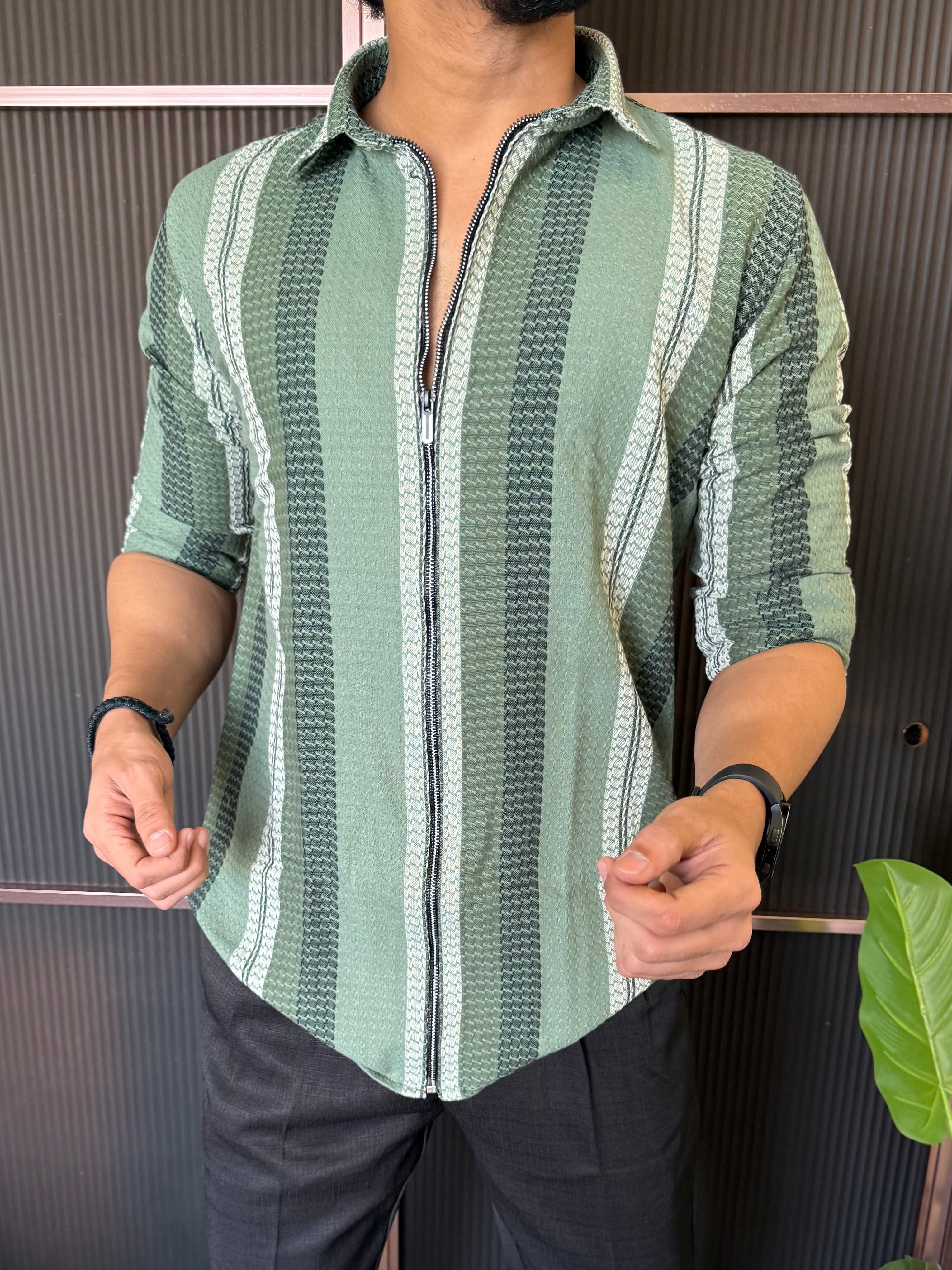 Zip Style Striper Green Full Sleeve Shirt