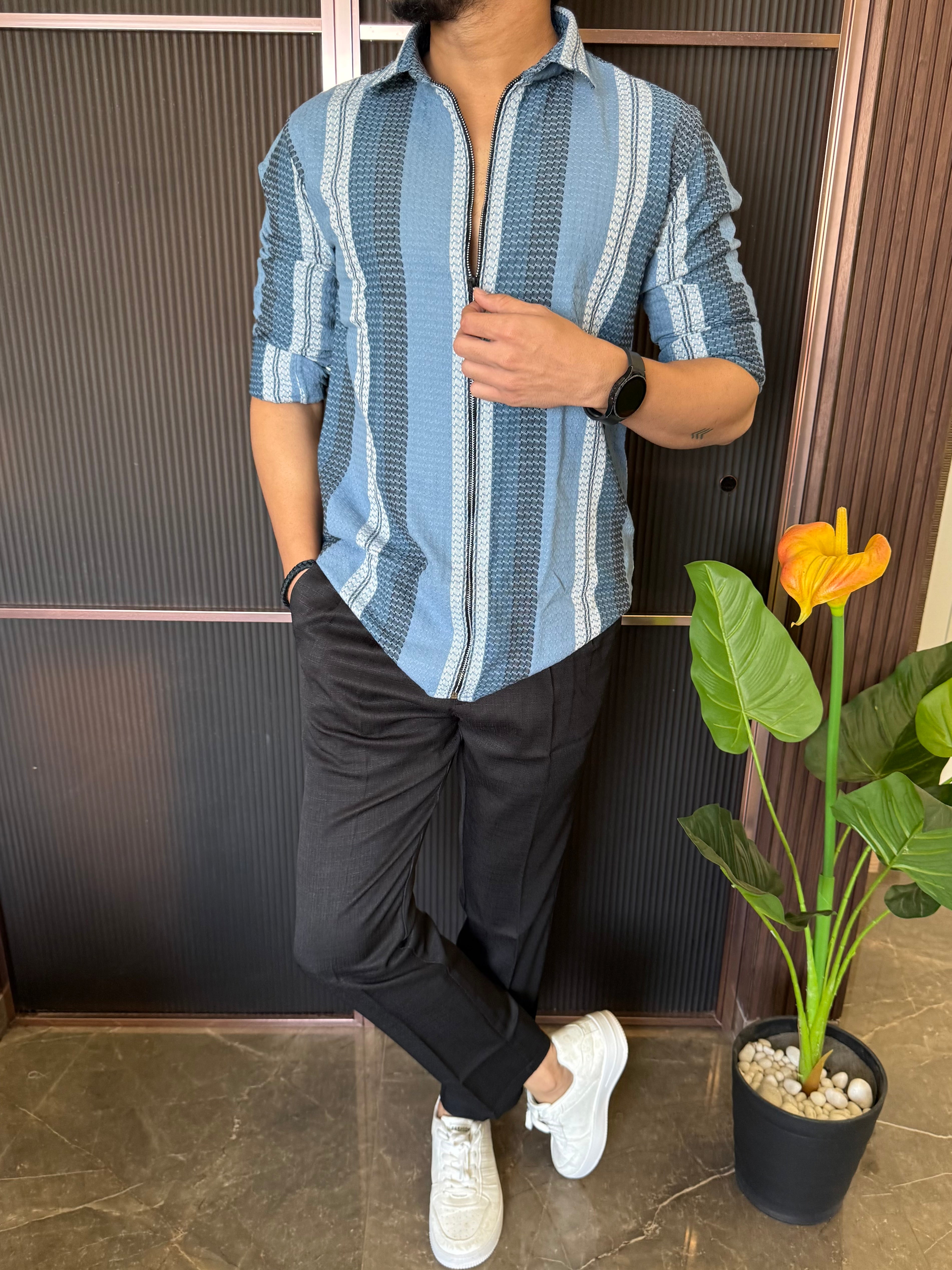 Zip Style Striper Blue Full Sleeve Shirt