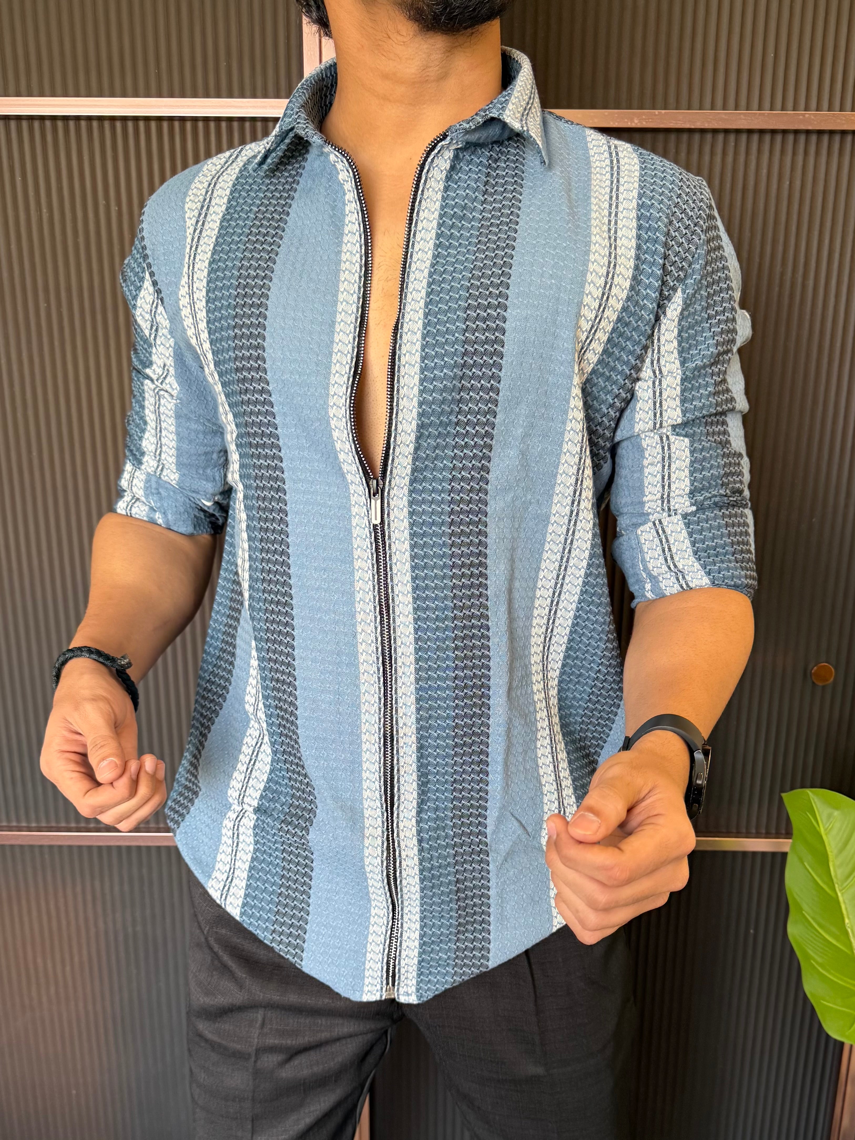 Zip Style Striper Blue Full Sleeve Shirt