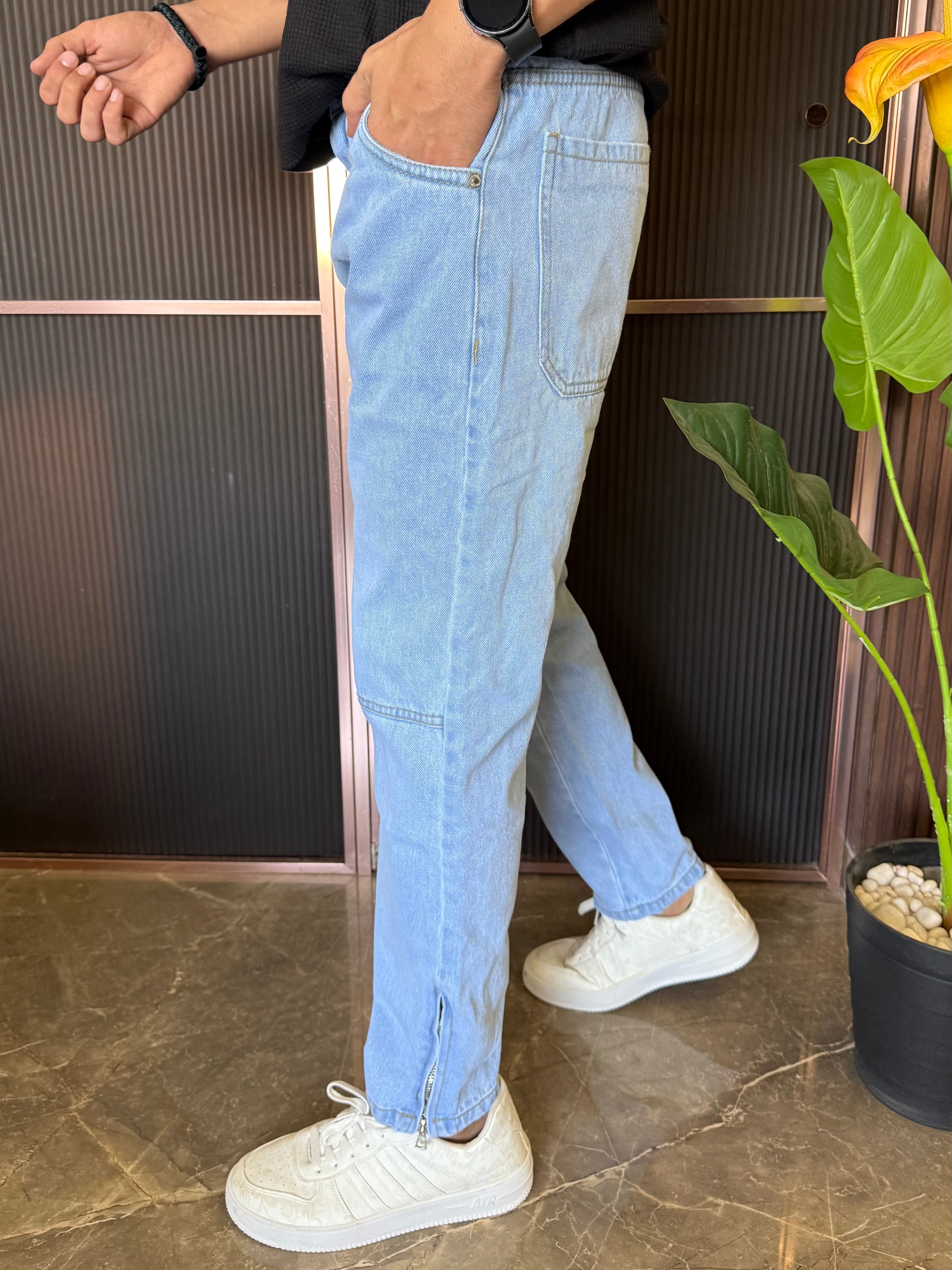 Mom Fit Zip Bottom Ice Blue Jeans