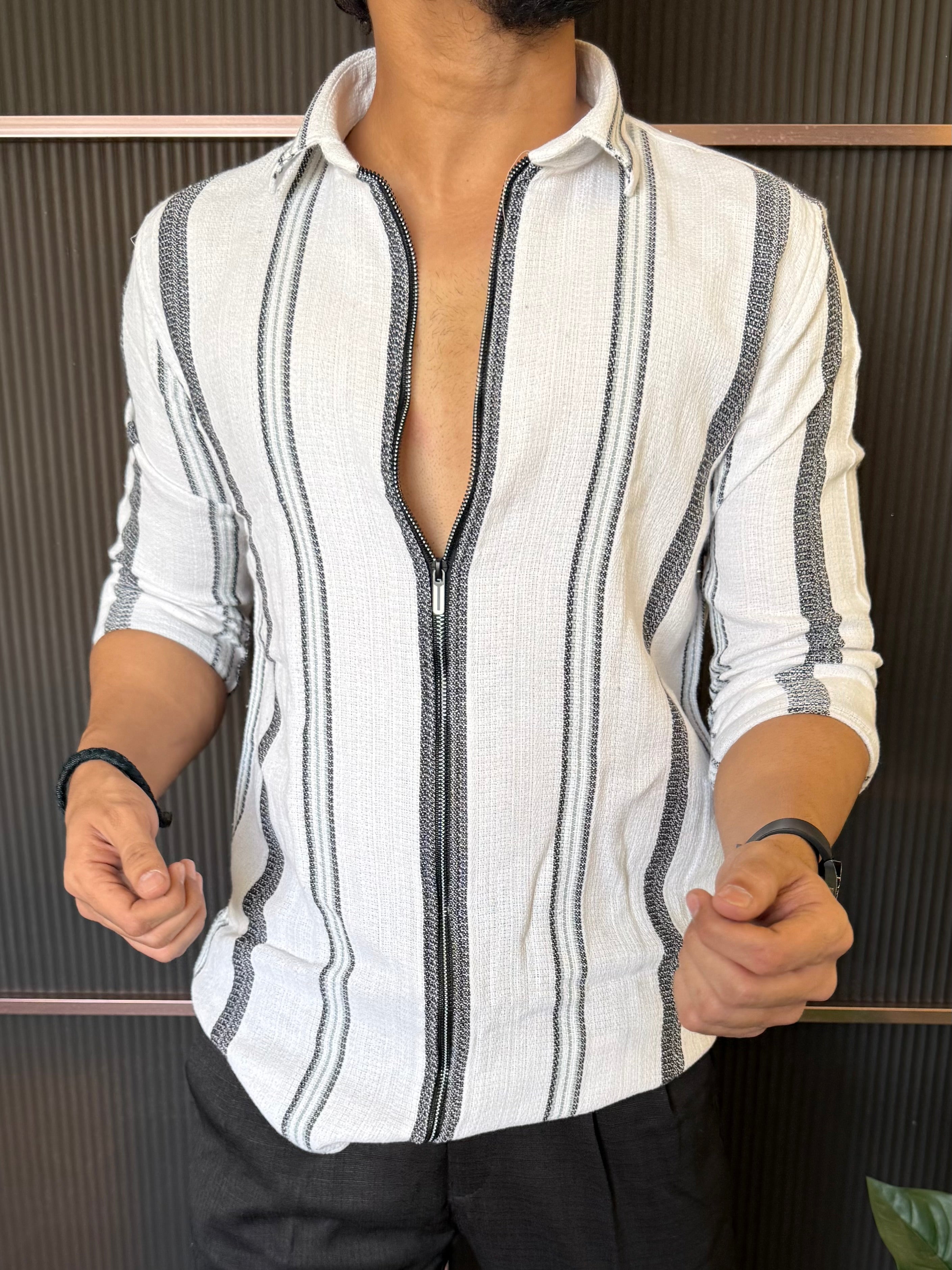 Zip Style Striper White Full Sleeve Shirt