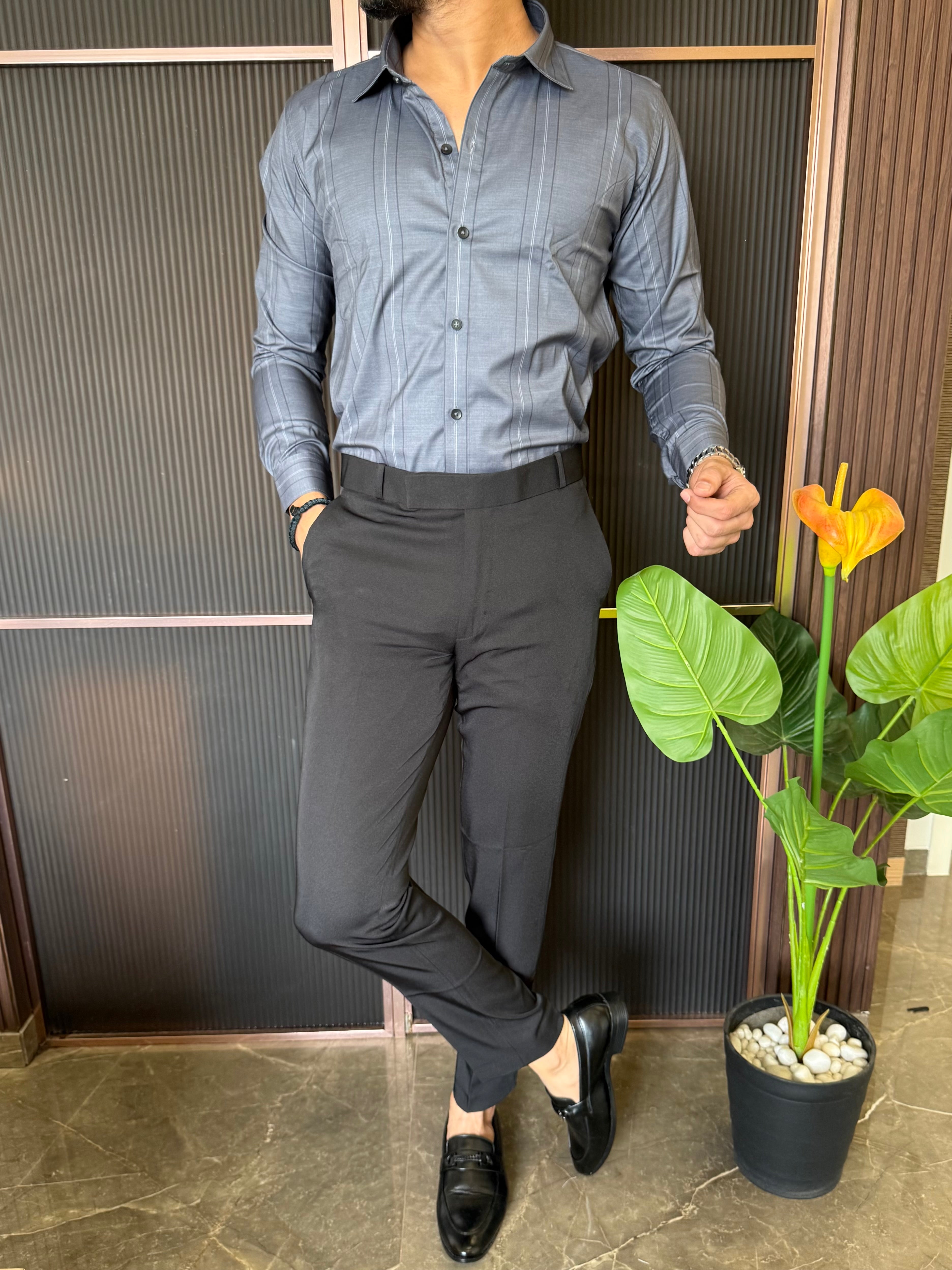 Cotton Lycra Striper Grey Full Sleeves Shirt
