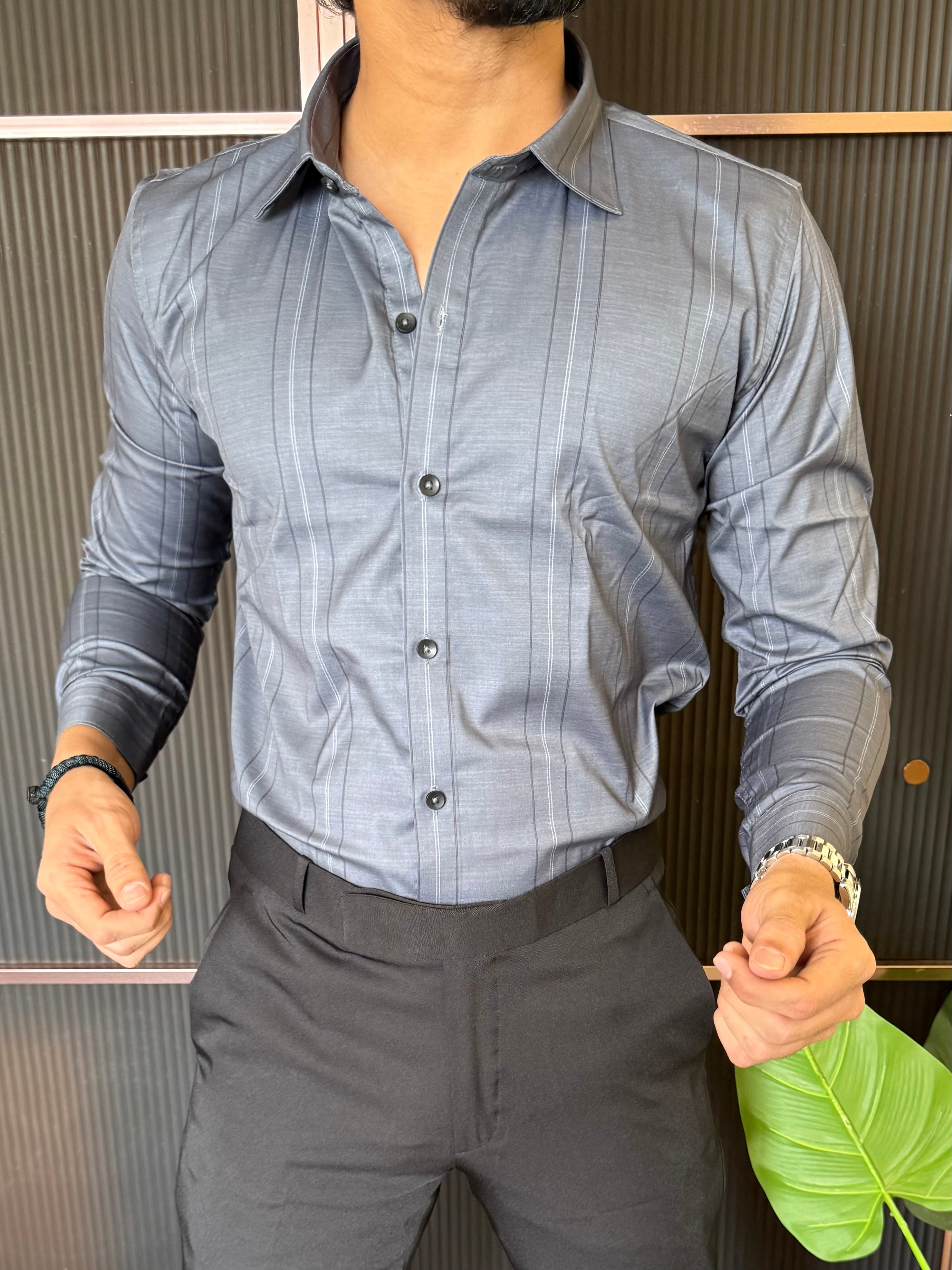 Cotton Lycra Striper Grey Full Sleeves Shirt