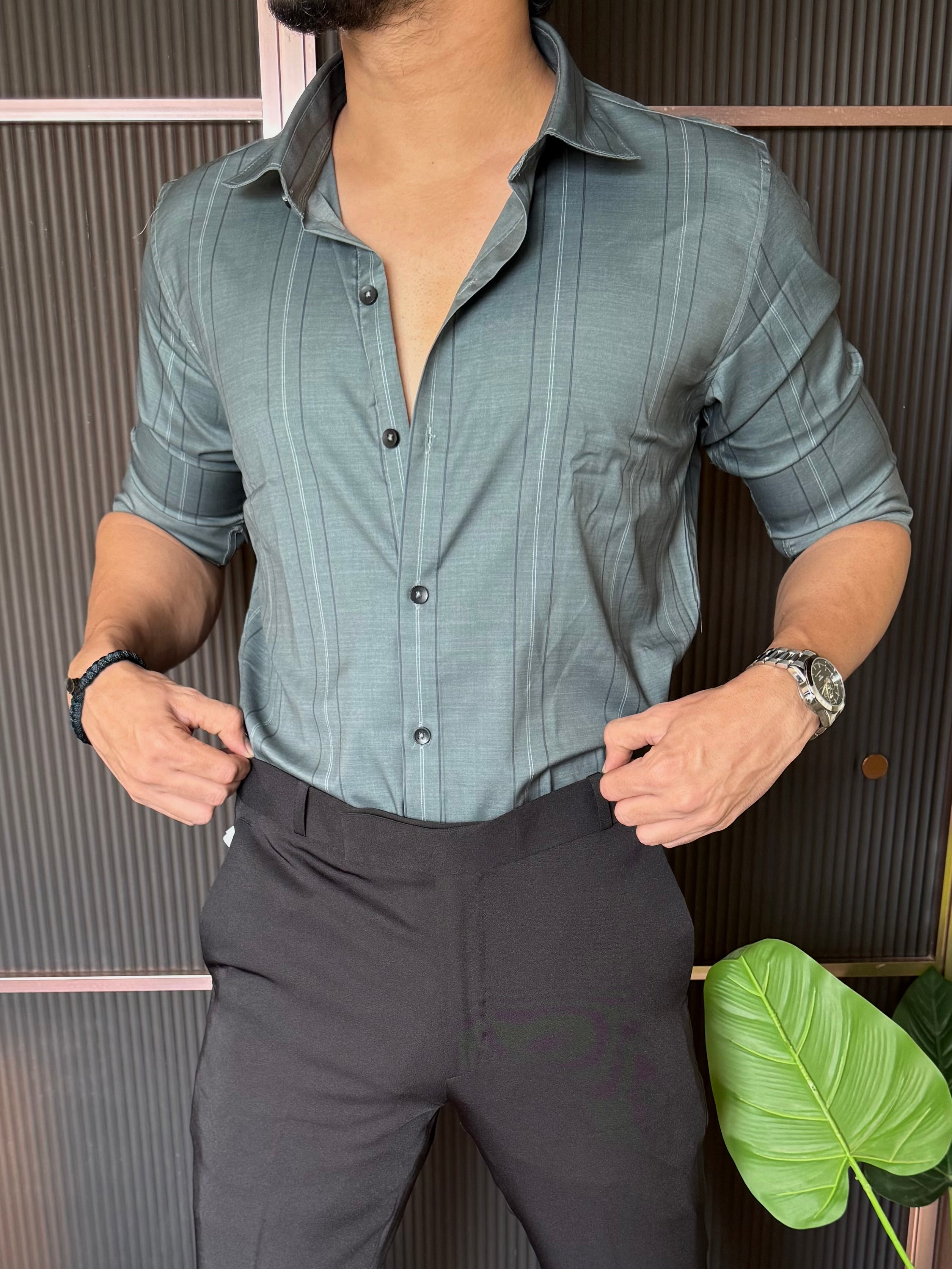 Cotton Lycra Striper Green Full Sleeves Shirt