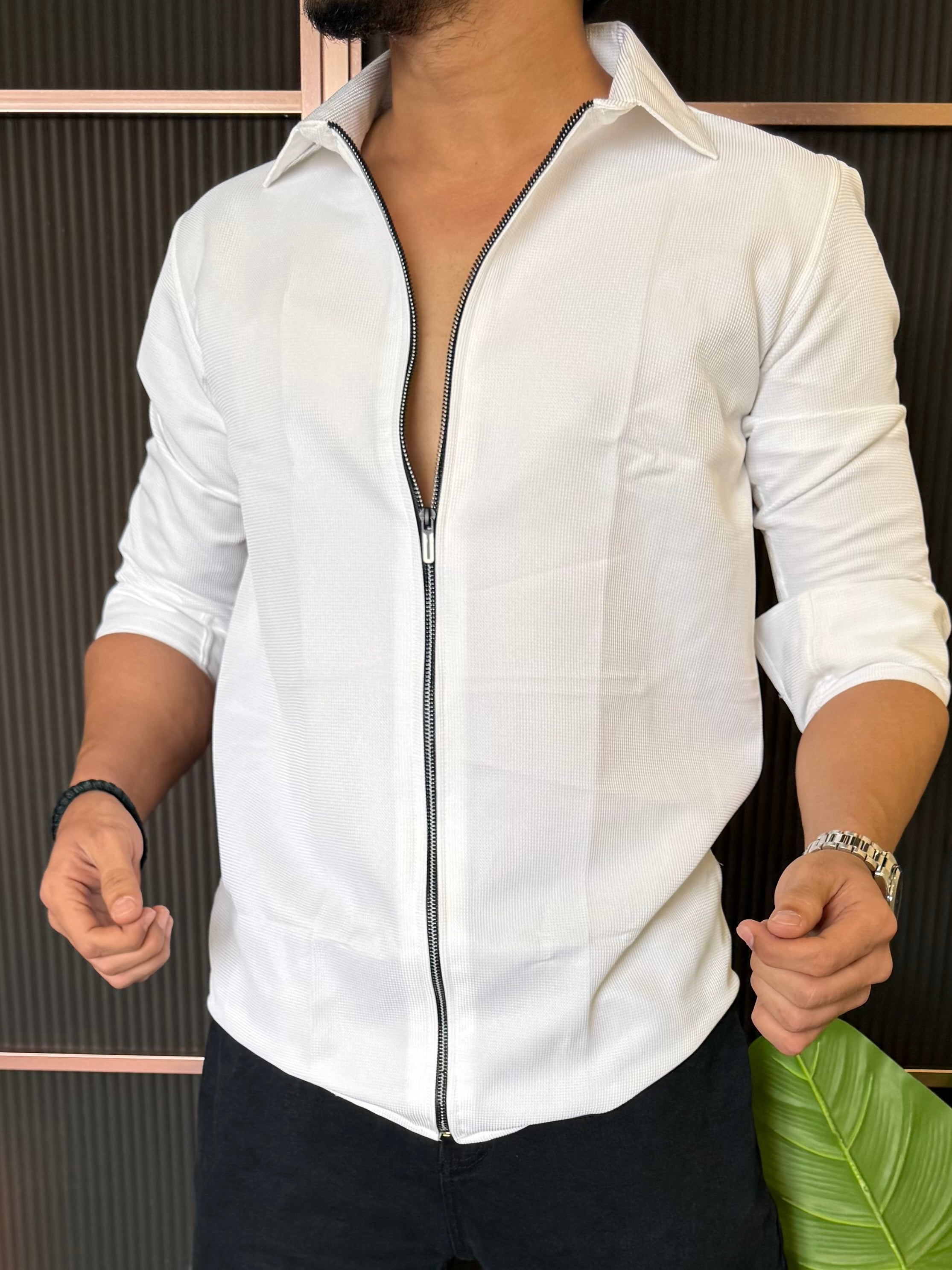 Zip Style Solid White Full Sleeve Shirt