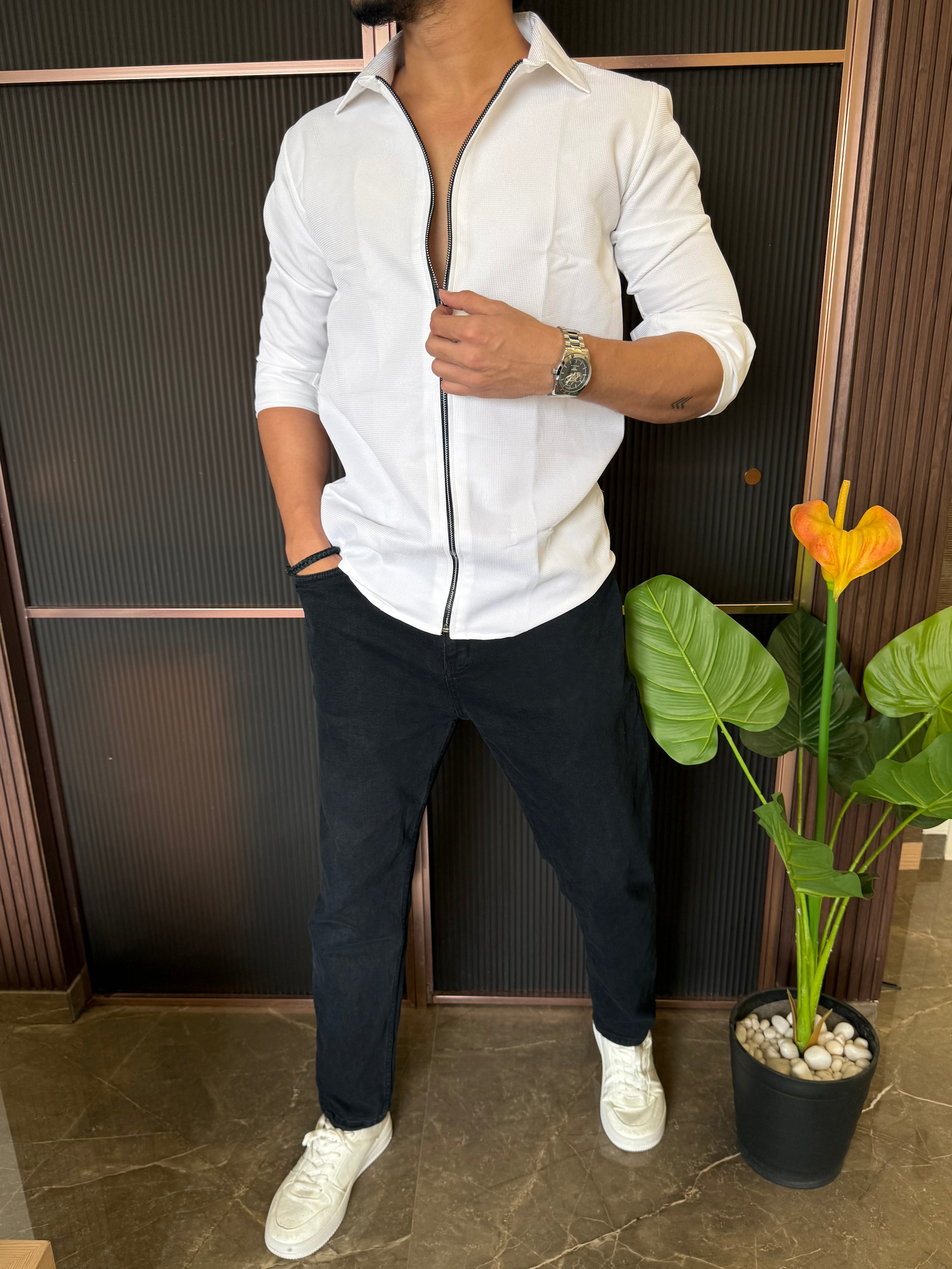 Zip Style Solid White Full Sleeve Shirt