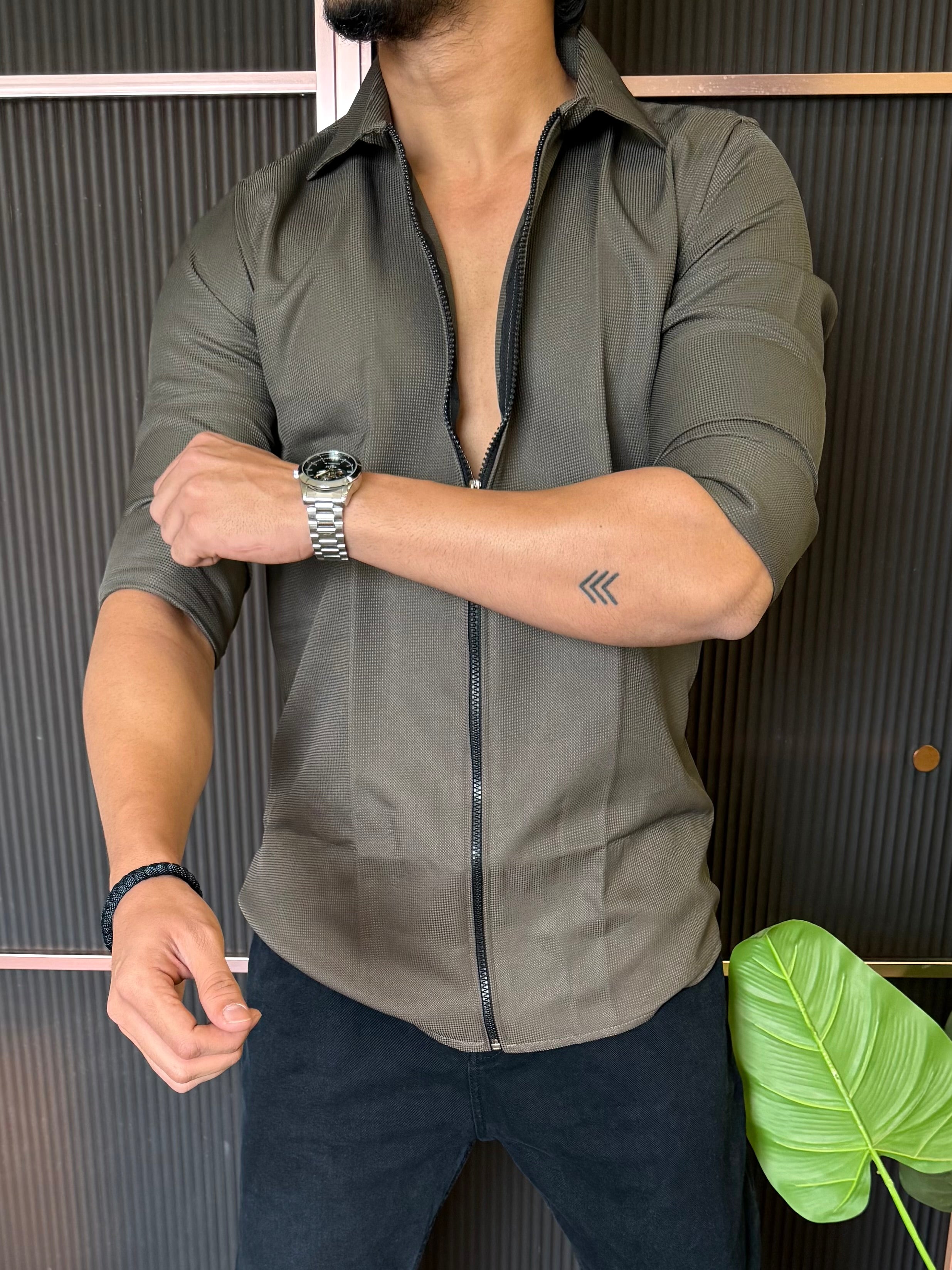 Zip Style Solid Olive Full Sleeve Shirt