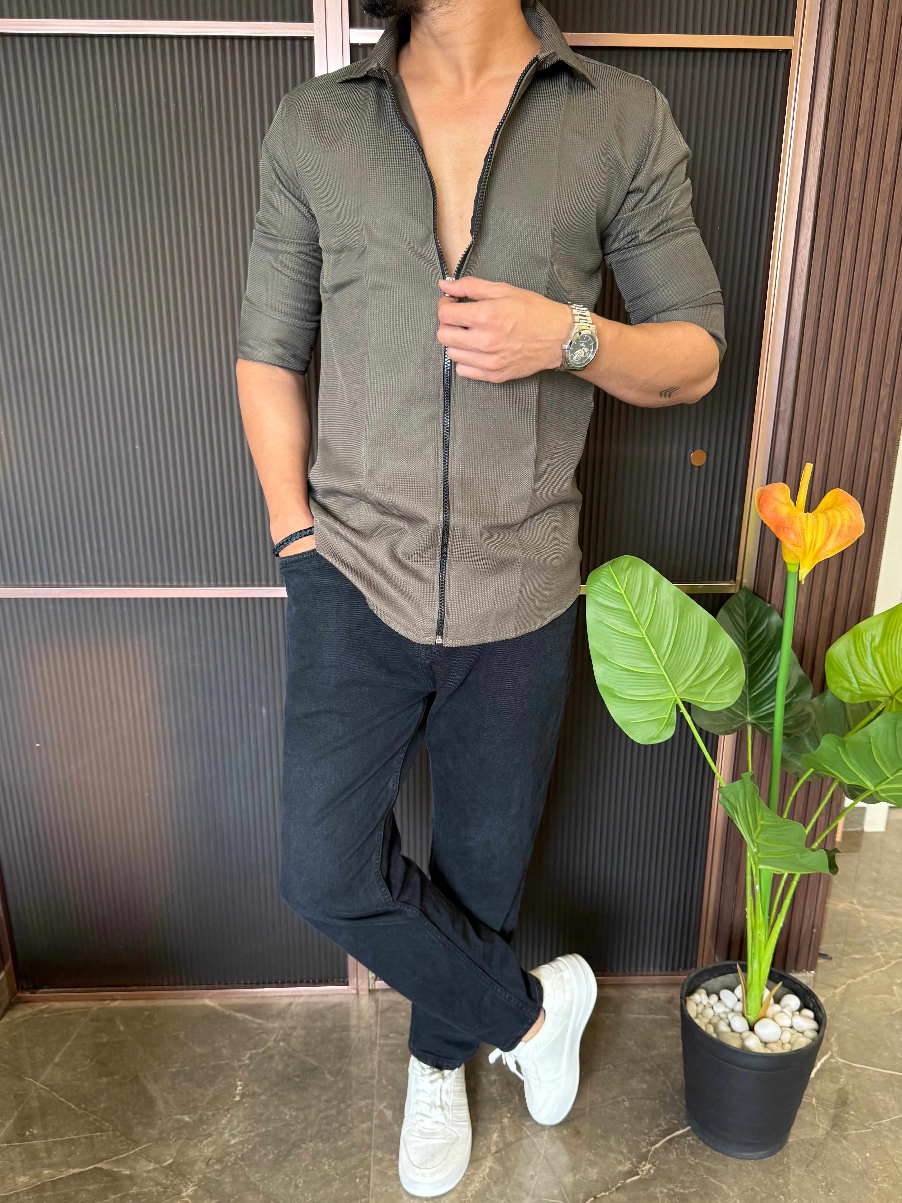 Zip Style Solid Olive Full Sleeve Shirt