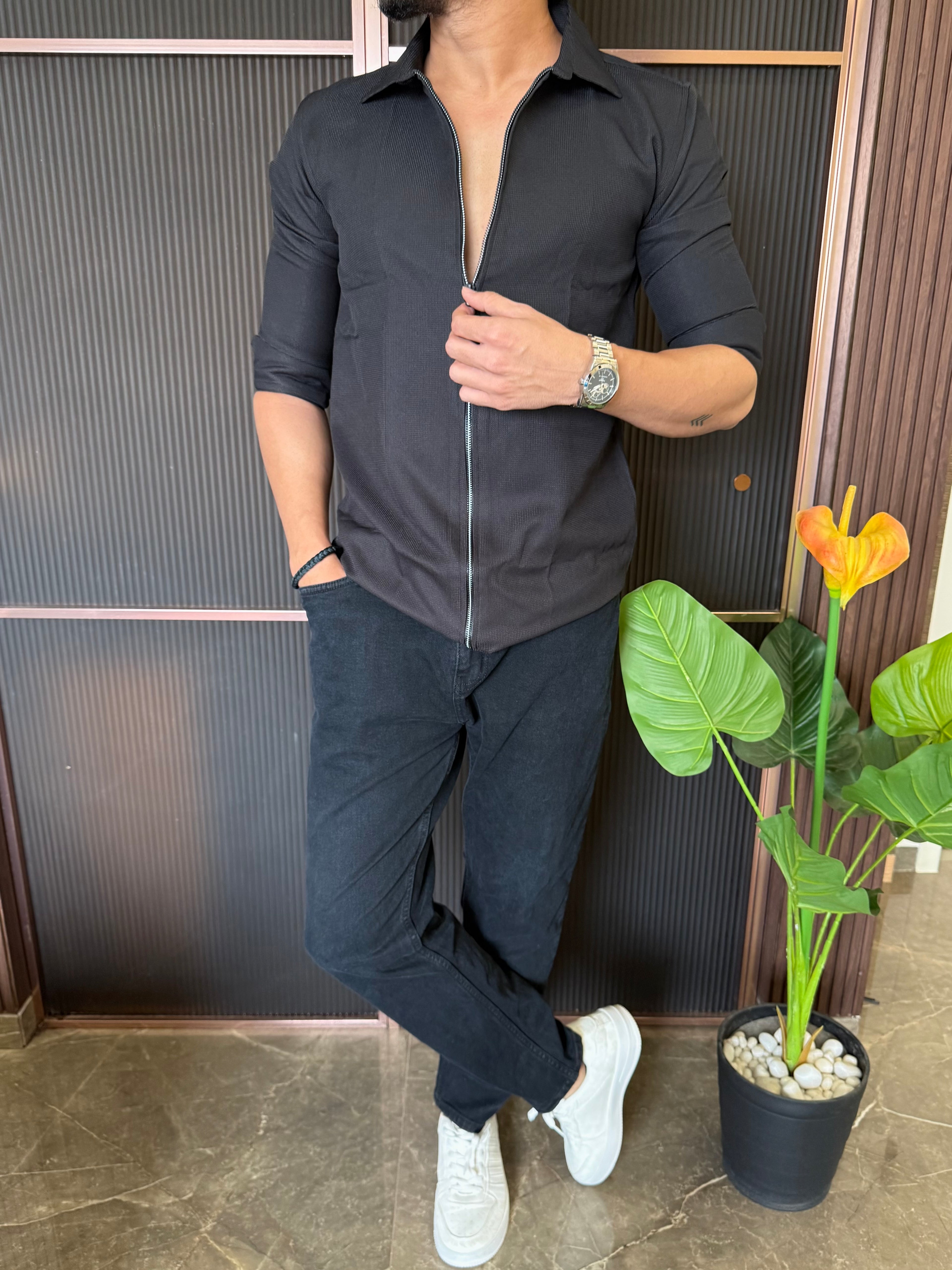 Zip Style Solid Black Full Sleeve Shirt