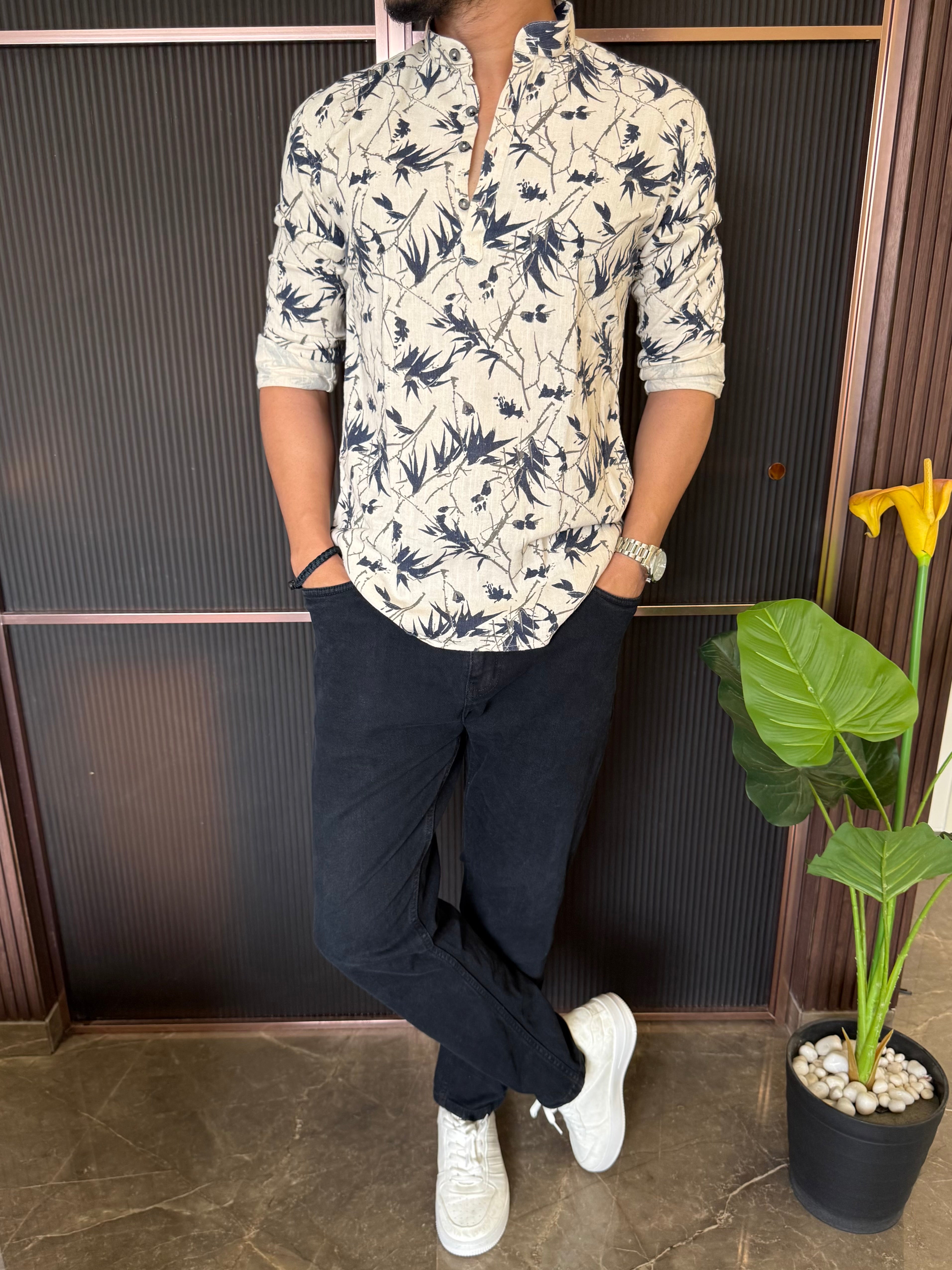 Natural Short Navy Printed Kurta