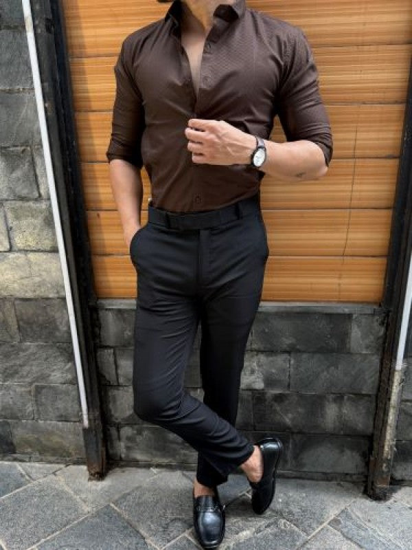 Satin Self Printed Brown Full sleeve Shirt