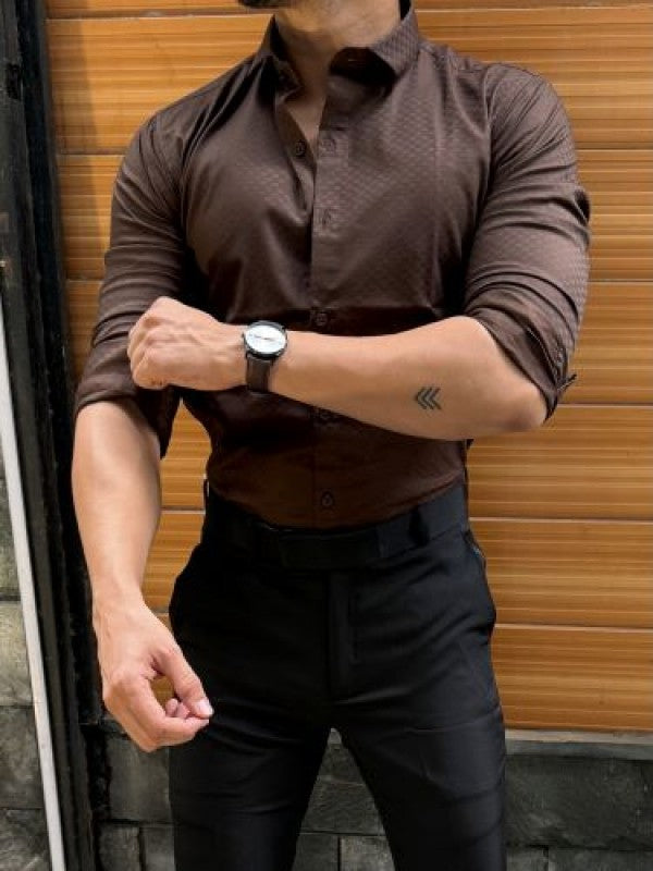 Satin Self Printed Brown Full sleeve Shirt