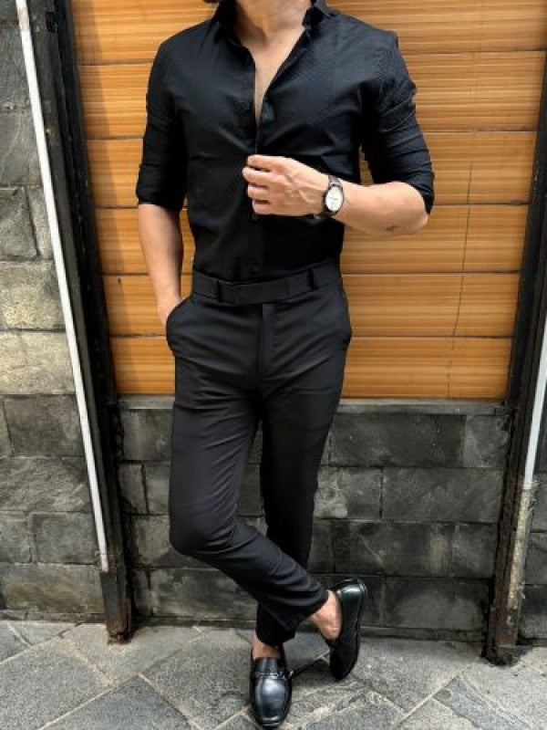 Satin Self Printed Black Full sleeve Shirt