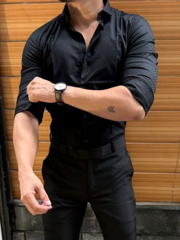 Satin Self Printed Black Full sleeve Shirt
