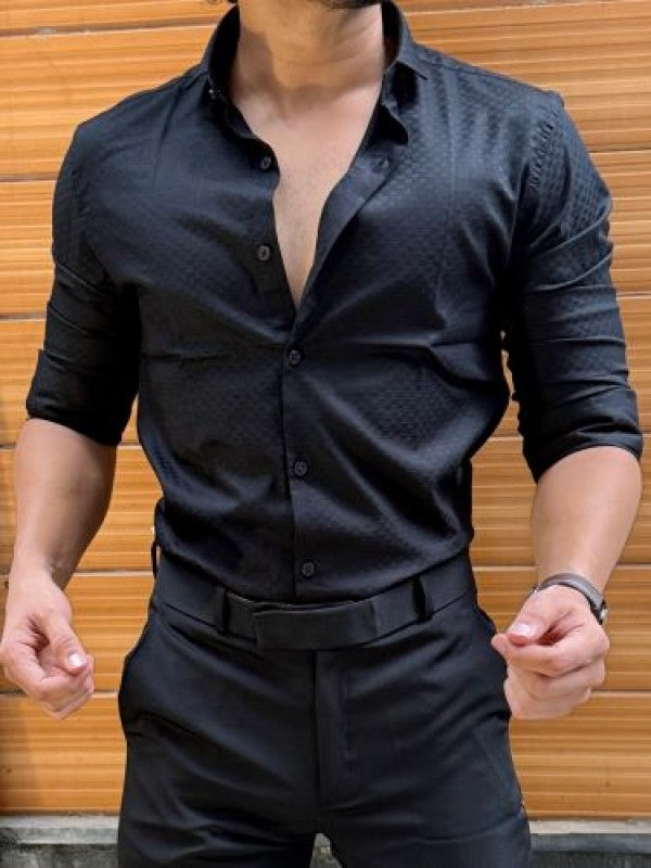 Satin Self Printed Black Full sleeve Shirt