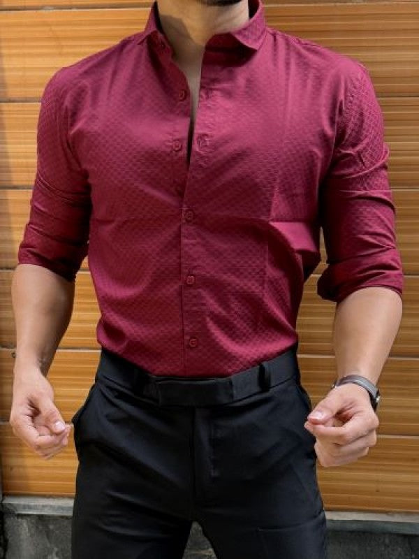 Satin Self Printed Maroon Full sleeve Shirt