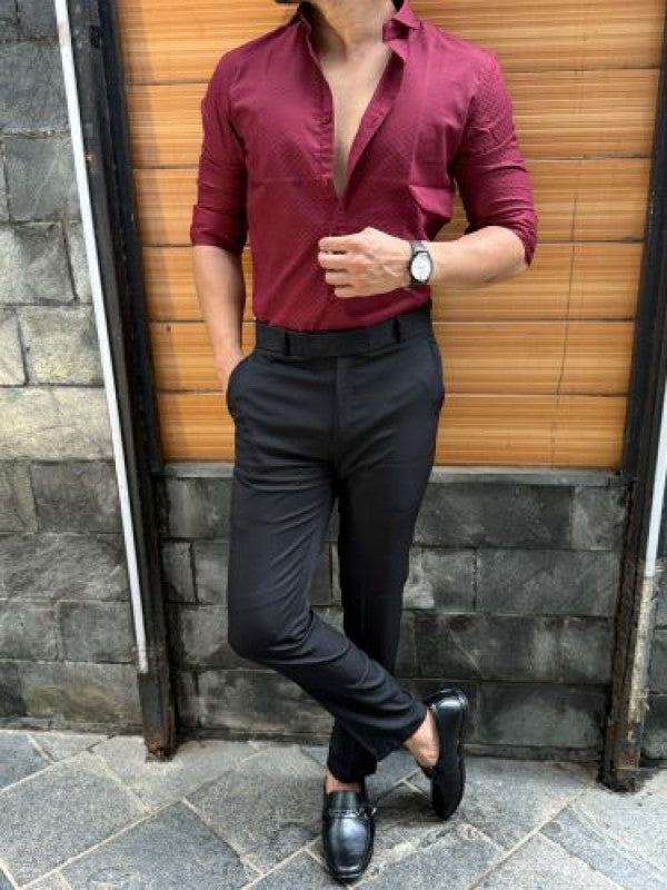 Satin Self Printed Maroon Full sleeve Shirt