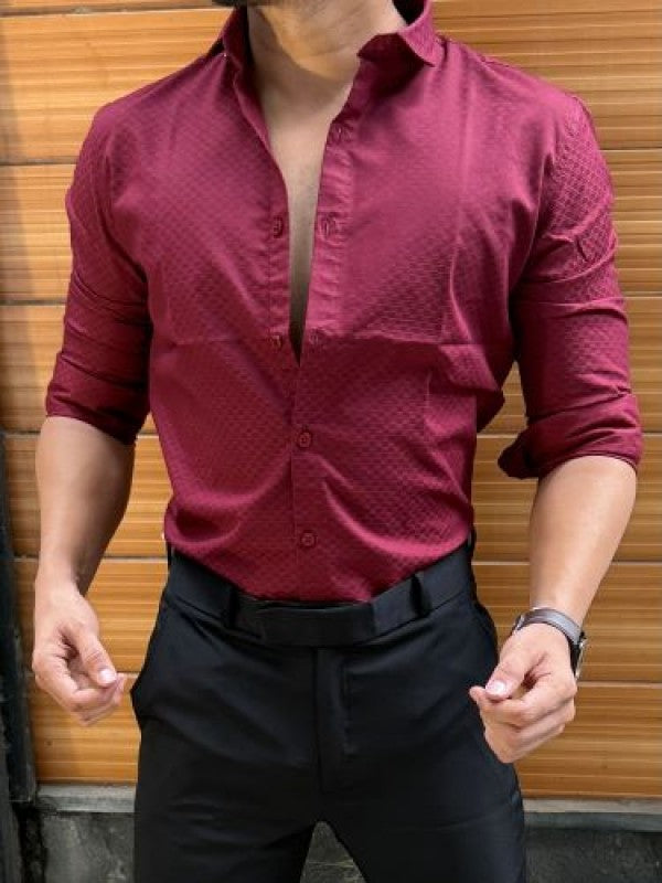 Satin Self Printed Maroon Full sleeve Shirt