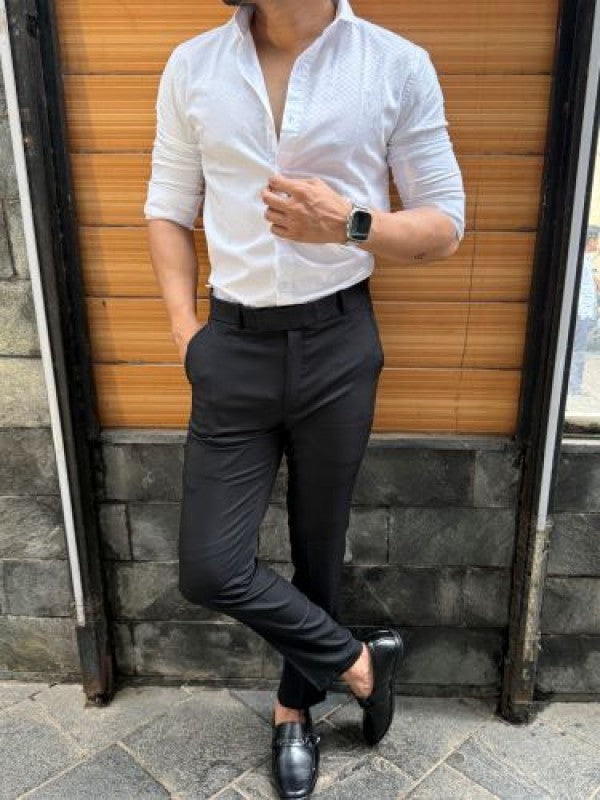 Satin Self Print White Full sleeve Shirt