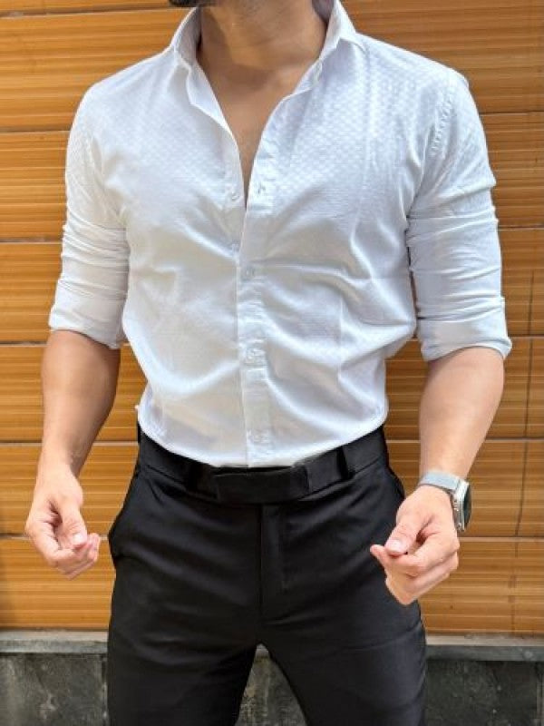Satin Self Print White Full sleeve Shirt