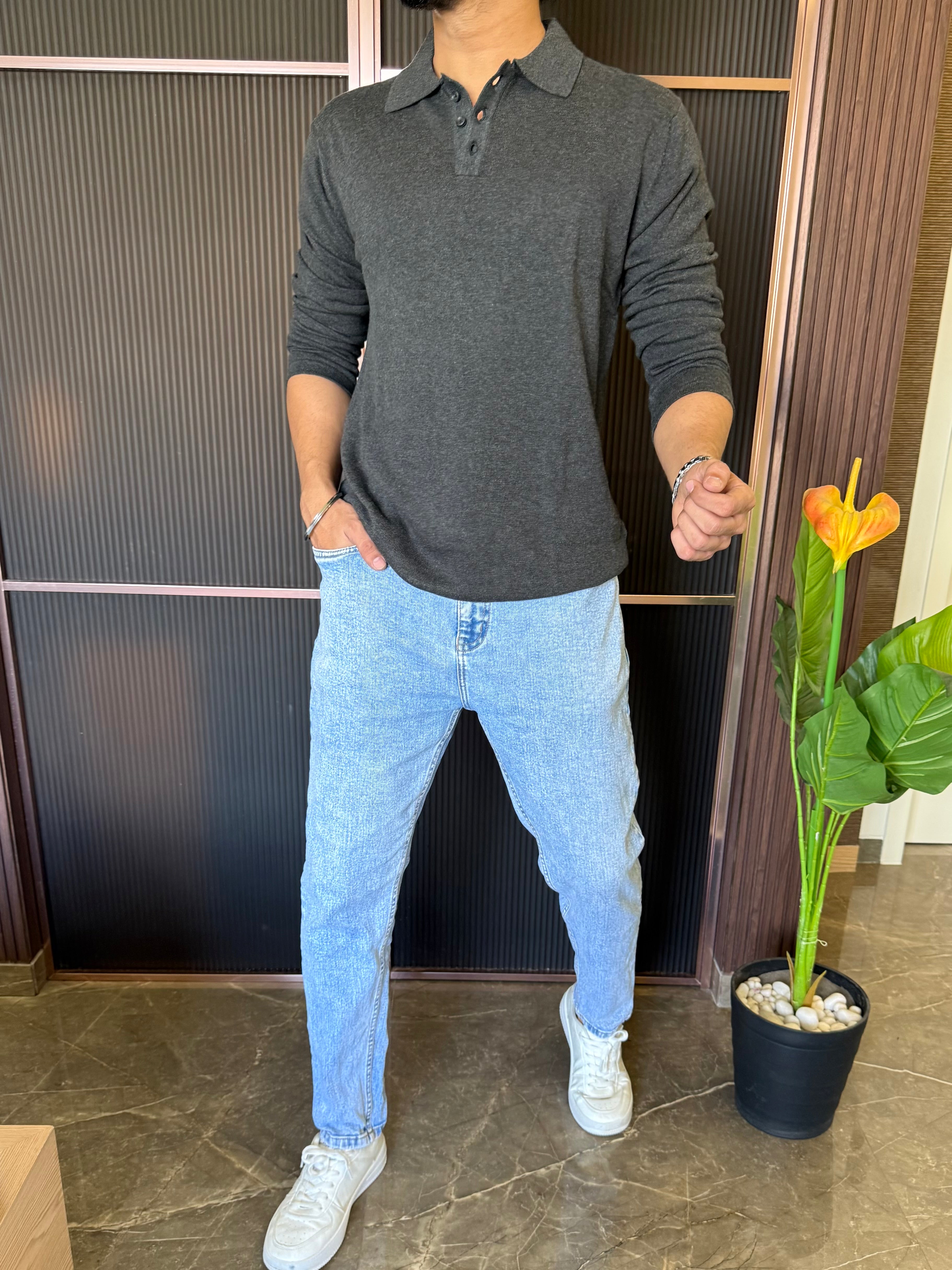 Knitted Collar Charcoal Fullsleeves