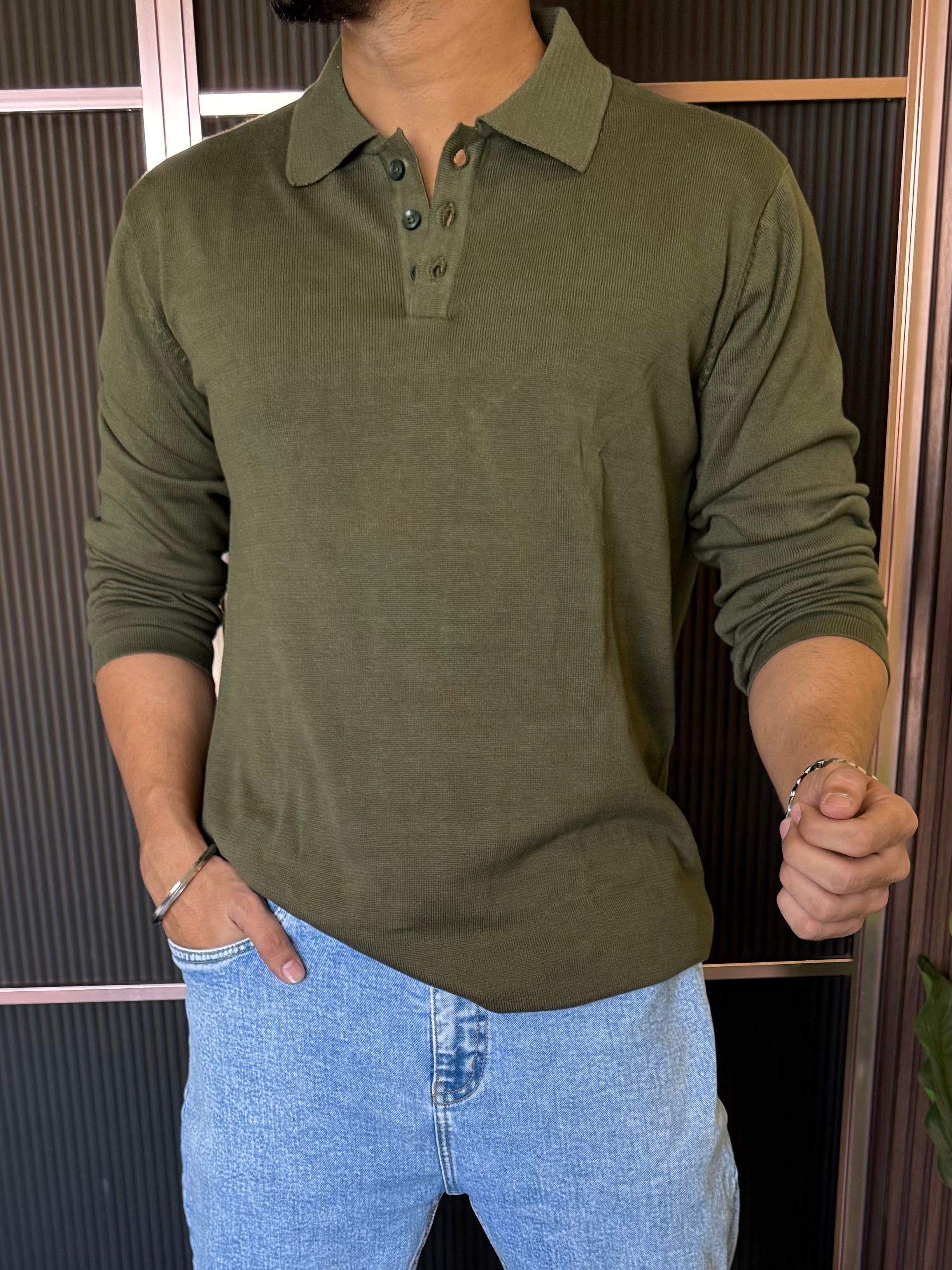 Knitted Collar Olive Fullsleeves