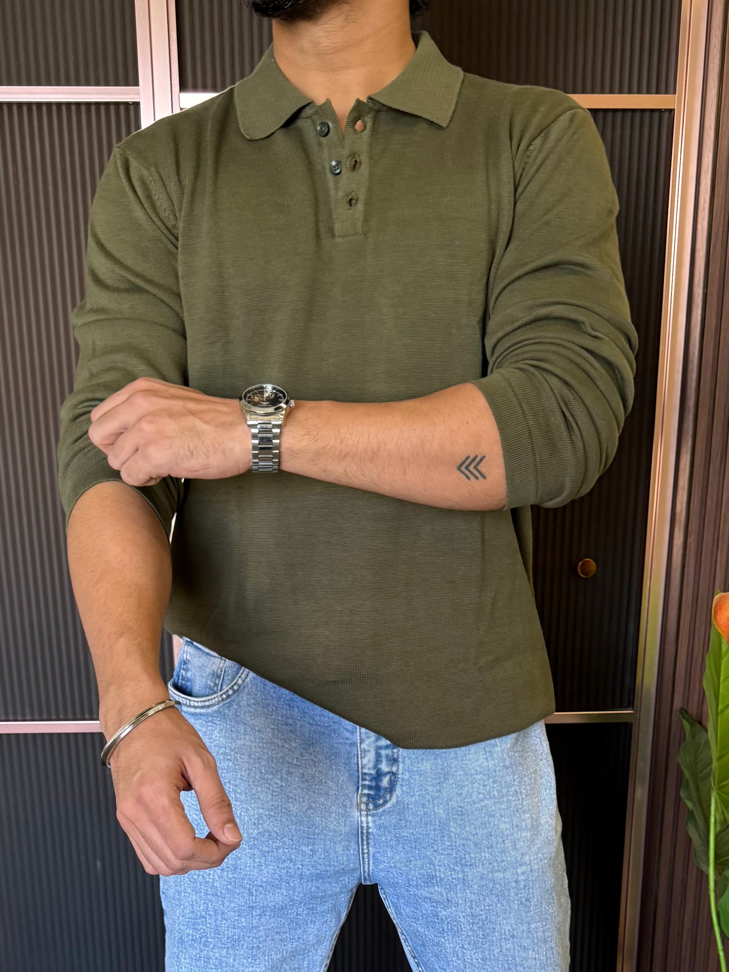 Knitted Collar Olive Fullsleeves