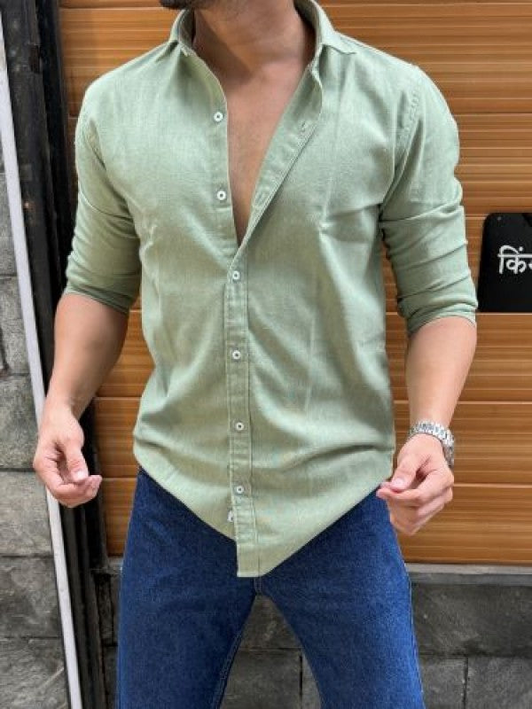 Solid Cotton Full sleeve Green Shirt
